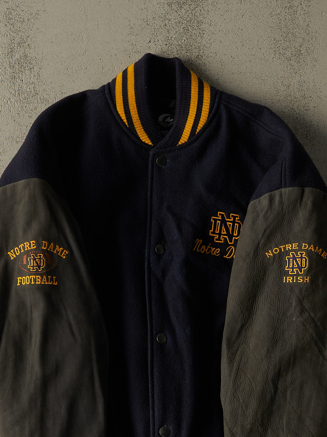 Vintage 80s Navy Blue University of Notre Dame Football Varsity Jacket (L/XL)