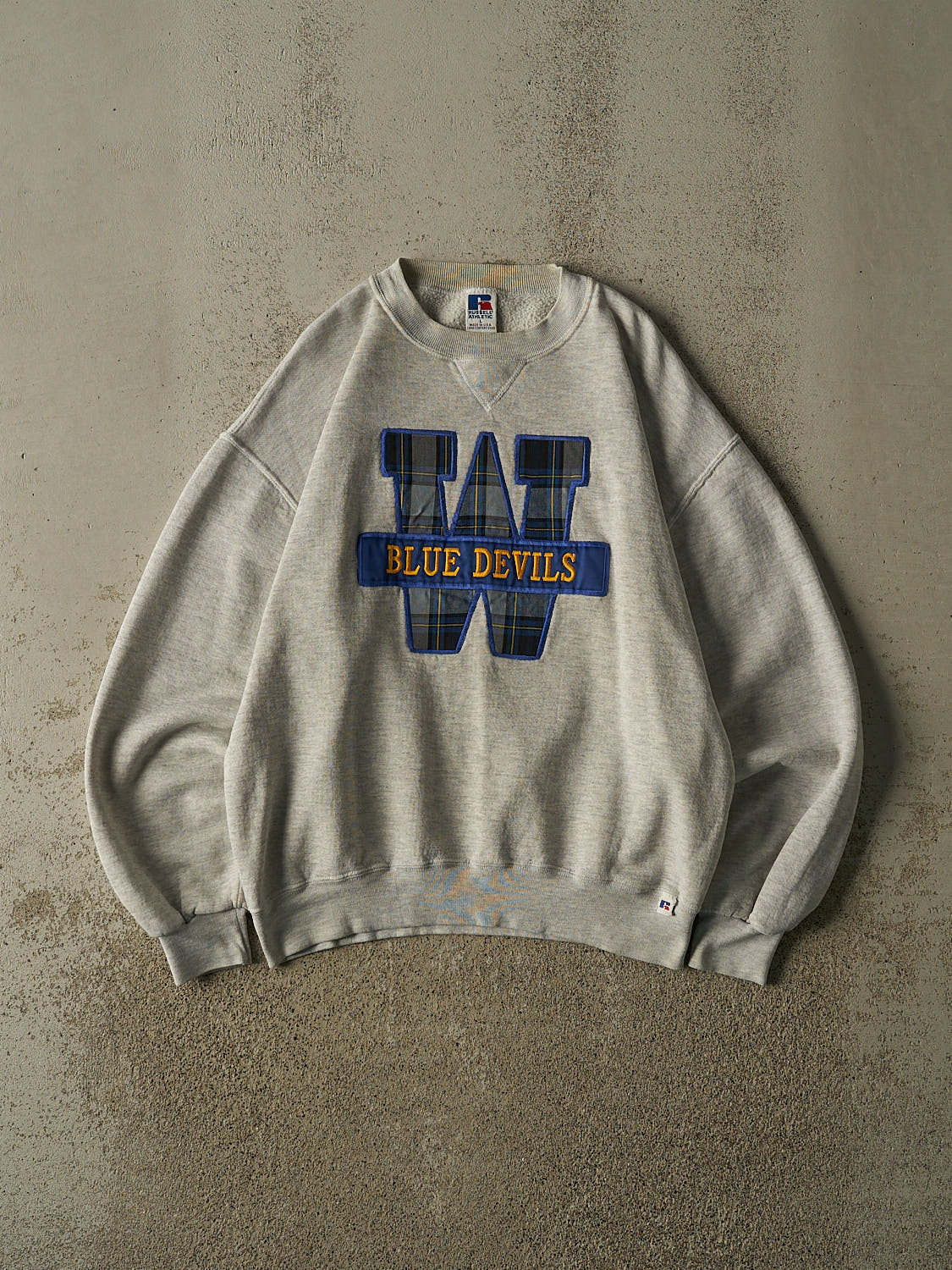 Vintage 90s Heather Grey Russell Athletic Duke University Blue Devils Embroidered Crewneck (M/L)