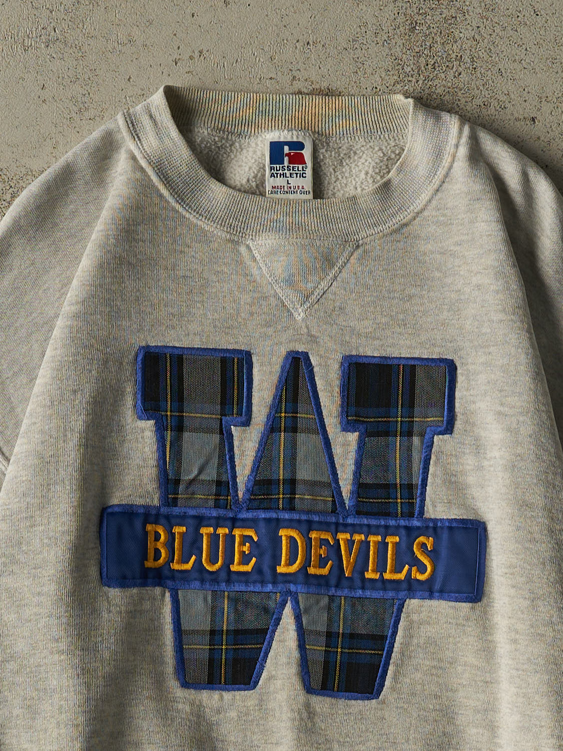 Vintage 90s Heather Grey Russell Athletic Duke University Blue Devils Embroidered Crewneck (M/L)