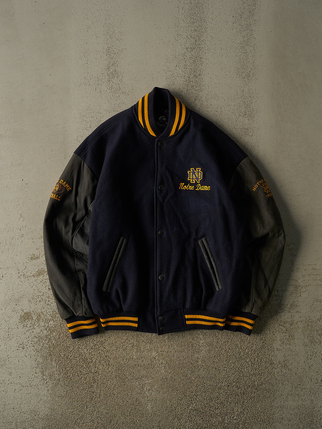 Vintage 80s Navy Blue University of Notre Dame Football Varsity Jacket (L/XL)