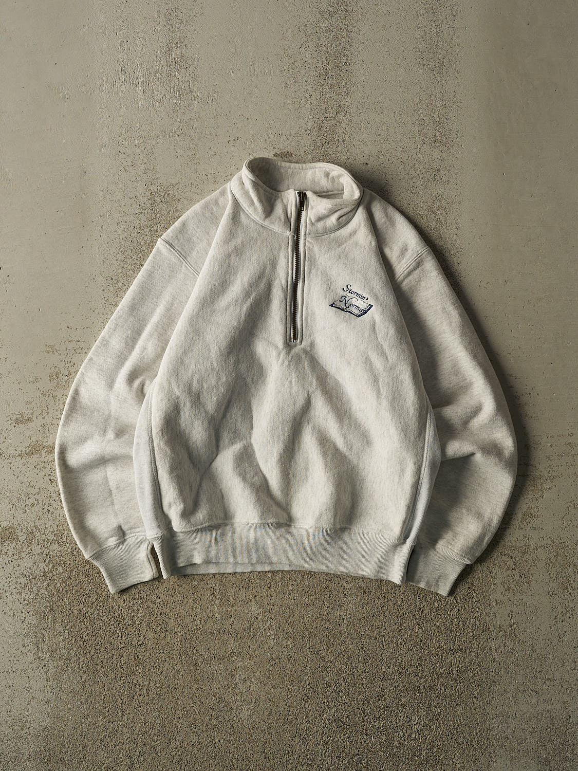 Vintage 80s Heather Grey Stormin Norman Embroidered Quarter Zip Sweater (S)