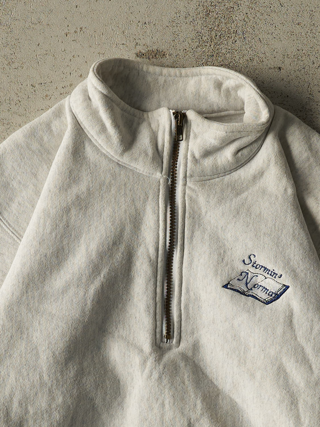 Vintage 80s Heather Grey Stormin Norman Embroidered Quarter Zip Sweater (S)