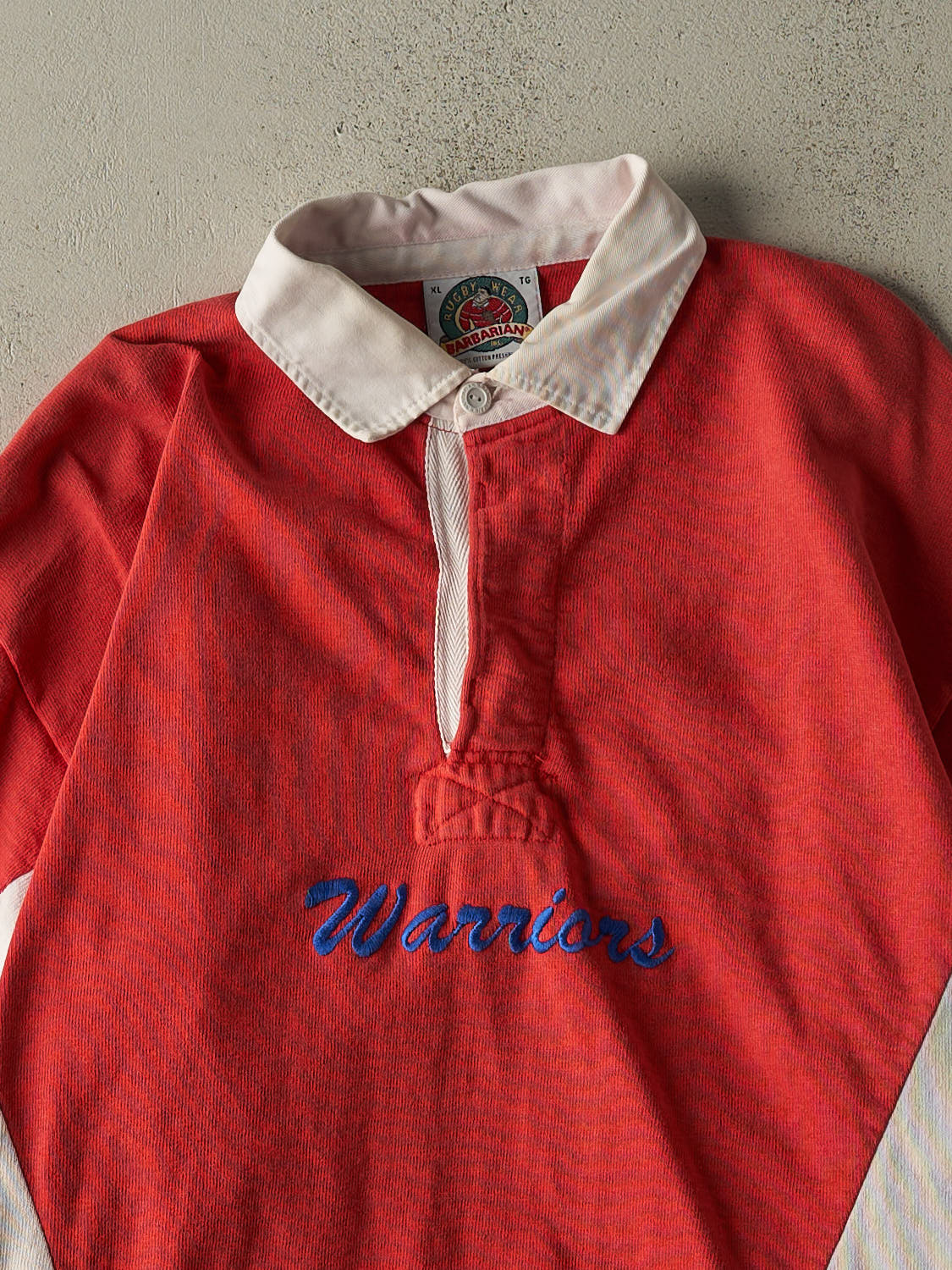 Vintage 90s Red & White Embroidered Quarter Button Tee (L/XL)