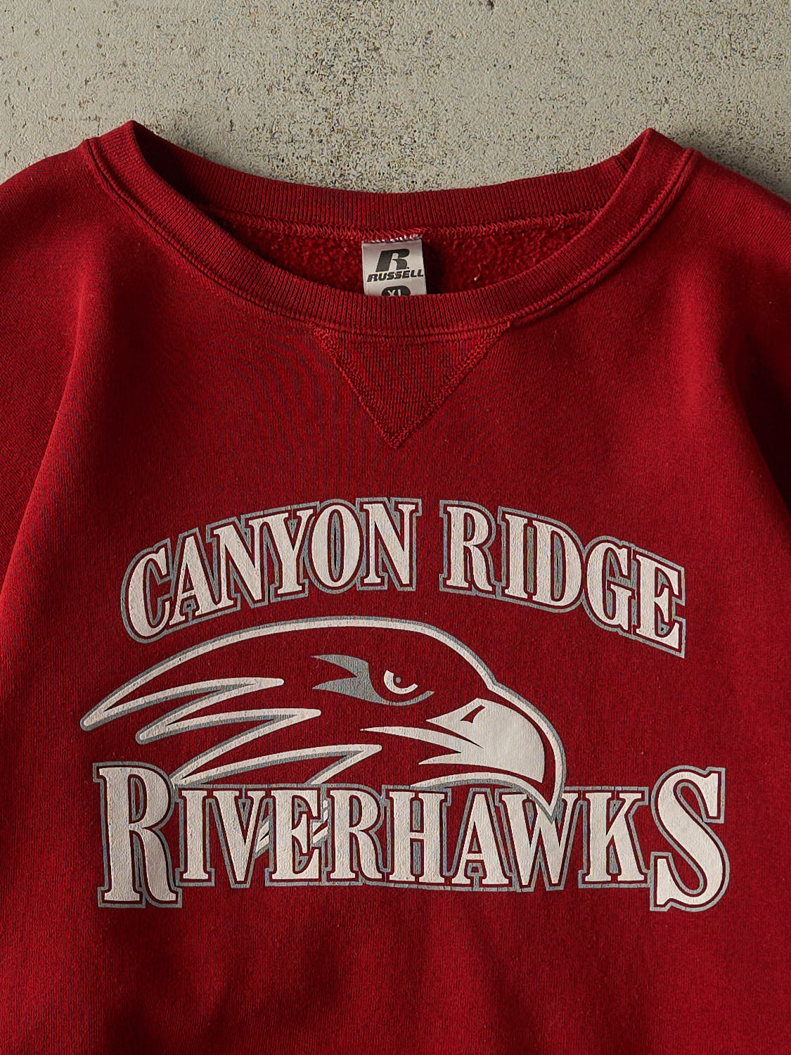 Vintage Y2K Burgundy Russell Athletic Canyon Ridge Riverhawks Boxy Crewneck (L)