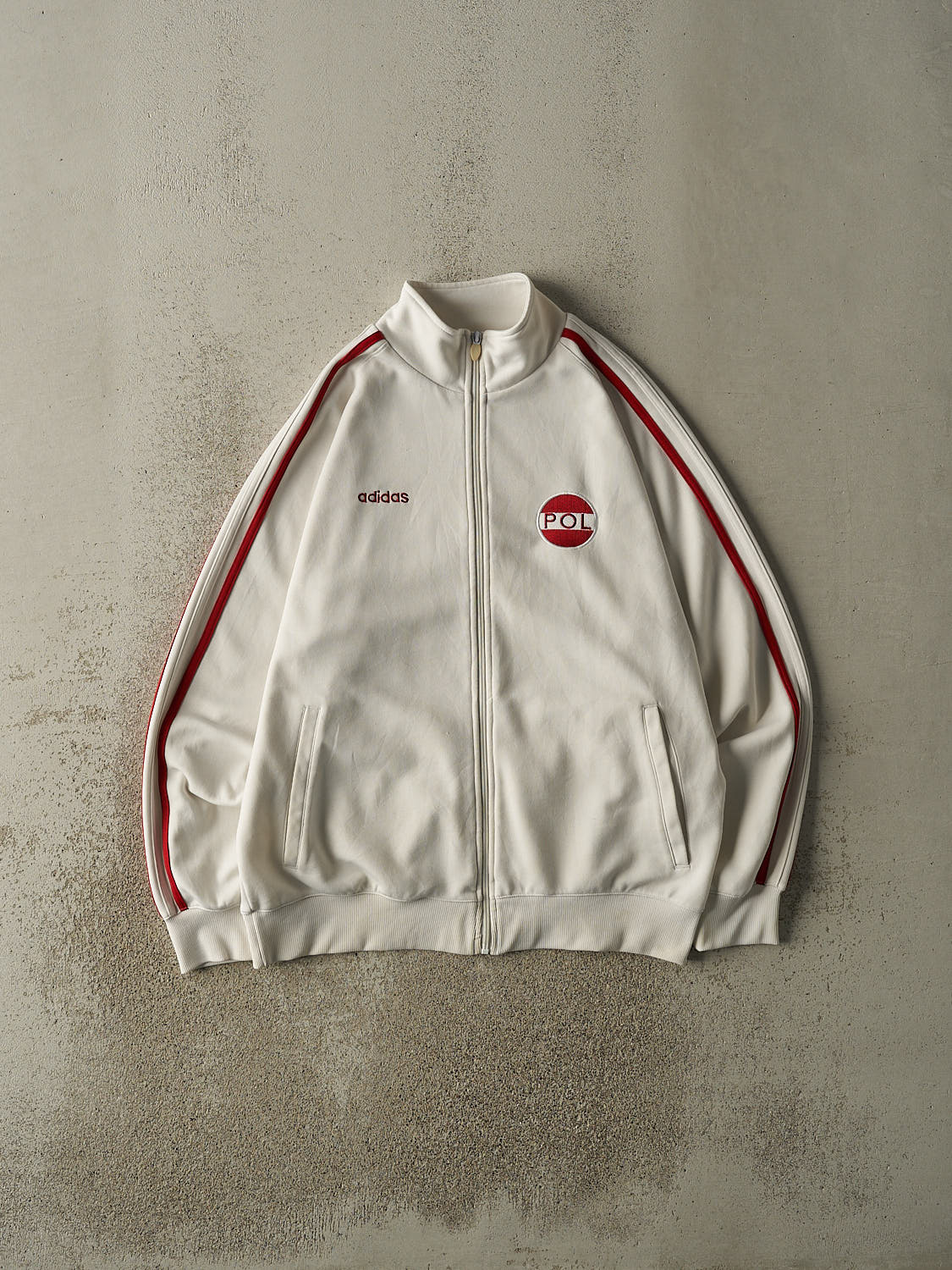 Vintage Y2K White & Red Adidas Poland Zip Up Track Sweater (L/XL)