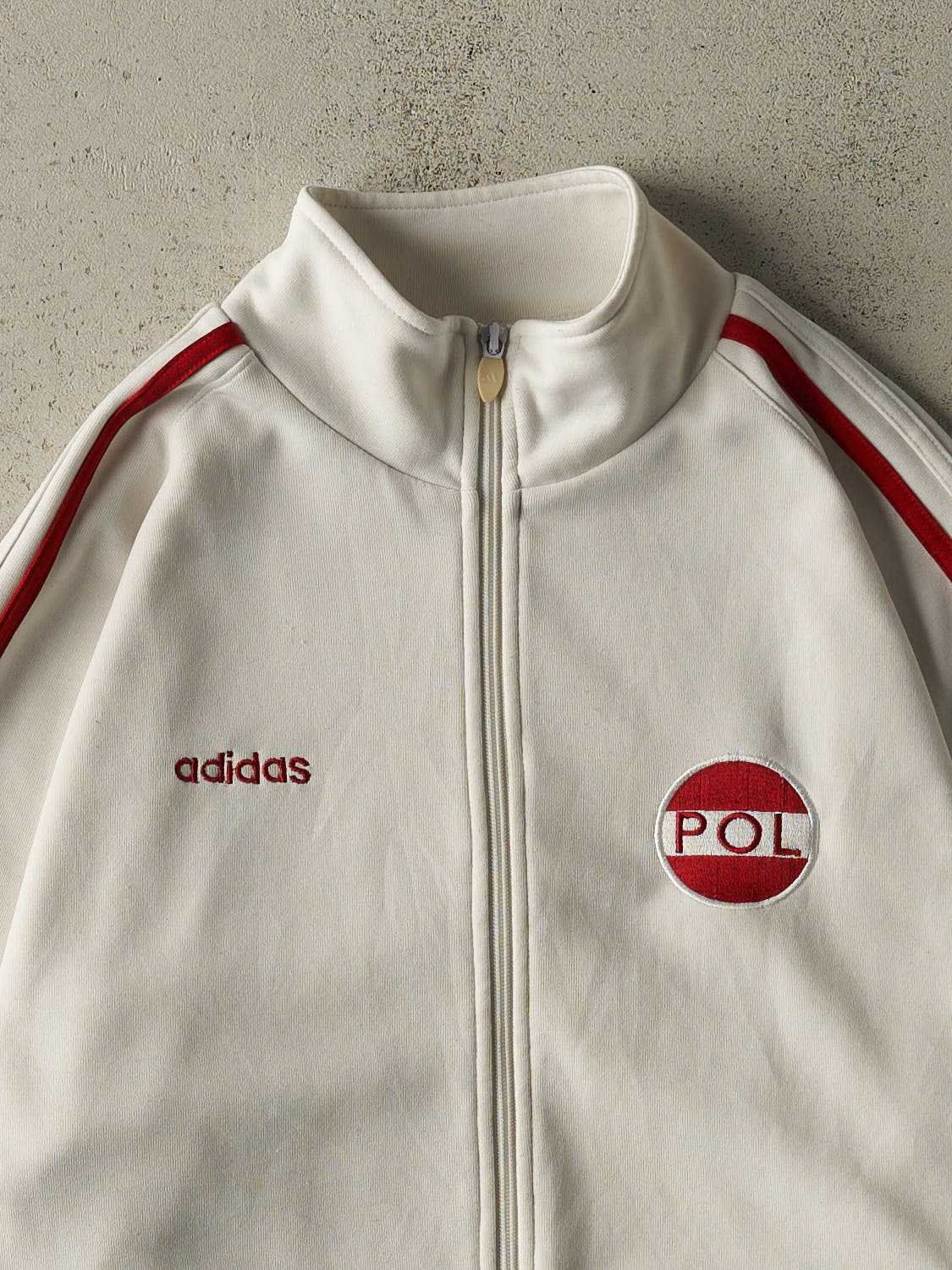 Vintage Y2K White & Red Adidas Poland Zip Up Track Sweater (L/XL)