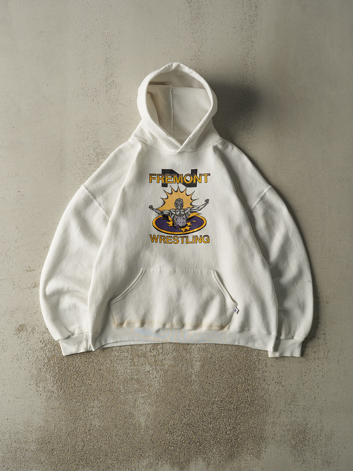 Vintage Y2K White Russell Athletic Fremont Wrestling Hoodie (L/XL)