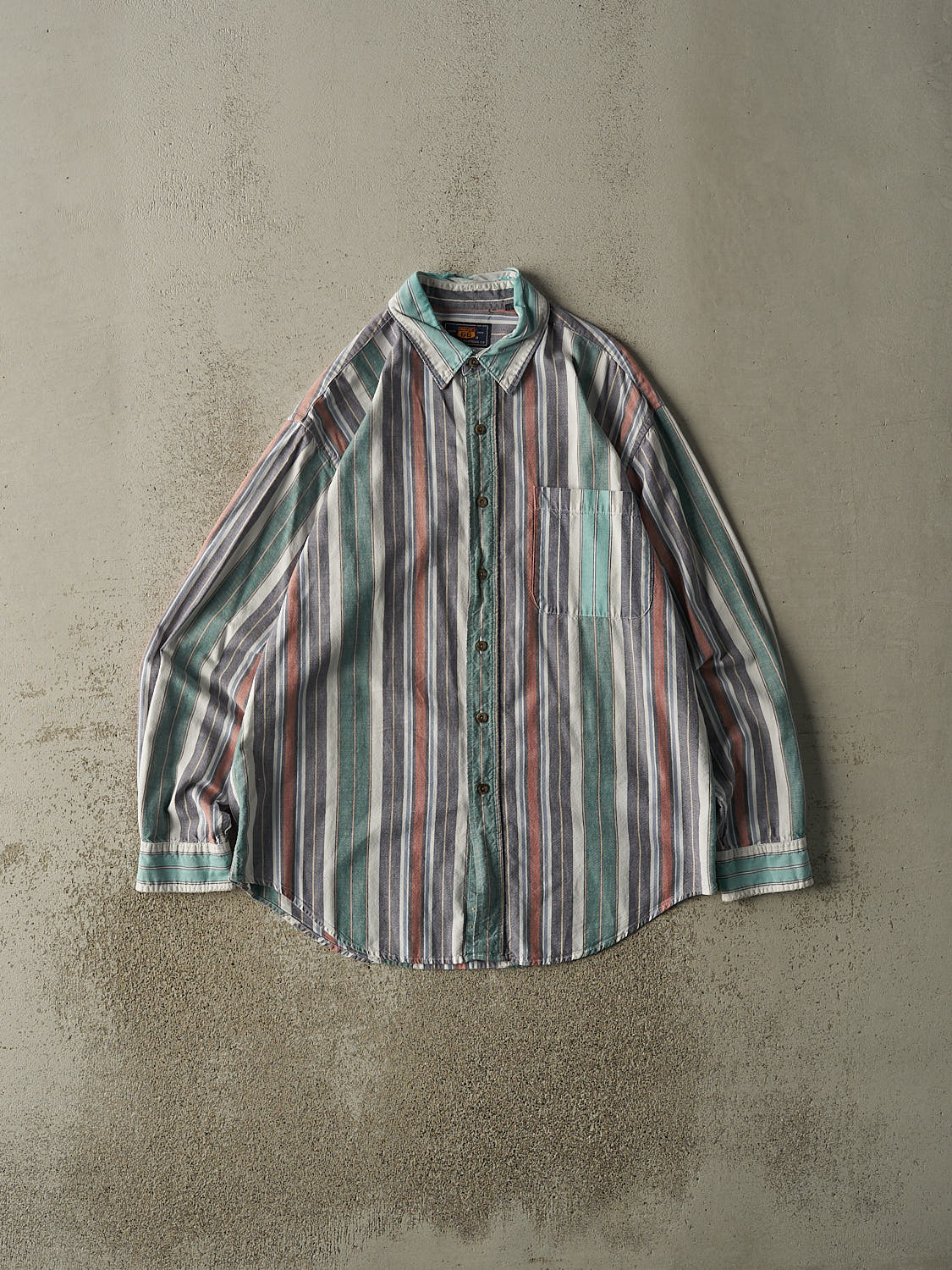 Vintage 90s Green, Red, Navy & White Striped Button Up Long Sleeve (M/L)
