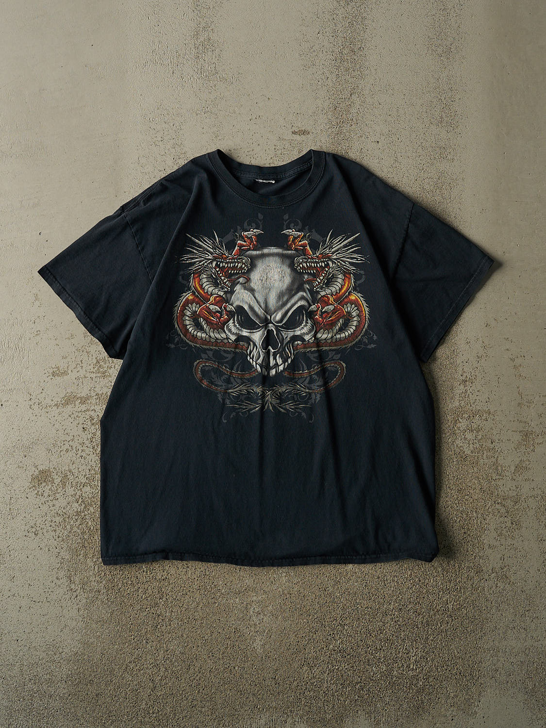 Vintage Y2K Faded Black Dragon Skull Tee (XL)