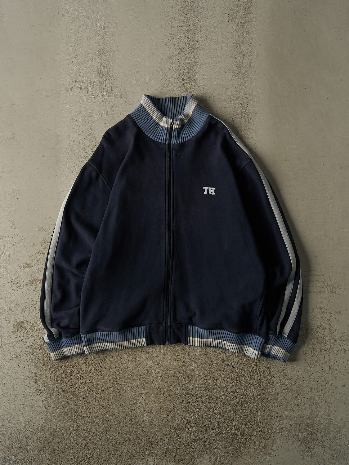 Vintage Y2K Navy Blue Tommy Hilfiger Zip Up Sweater (L/XL)