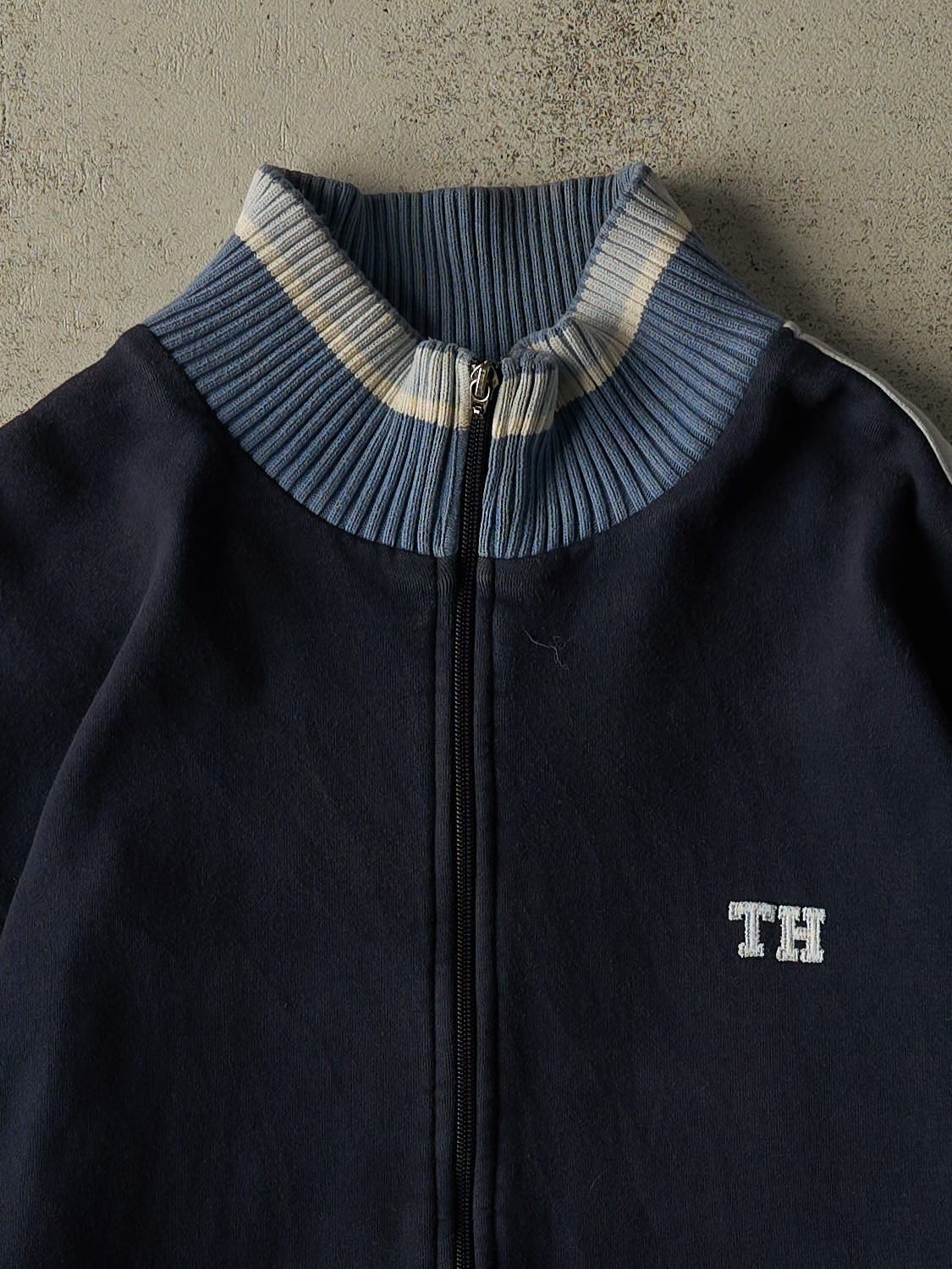 Vintage Y2K Navy Blue Tommy Hilfiger Zip Up Sweater (L/XL)