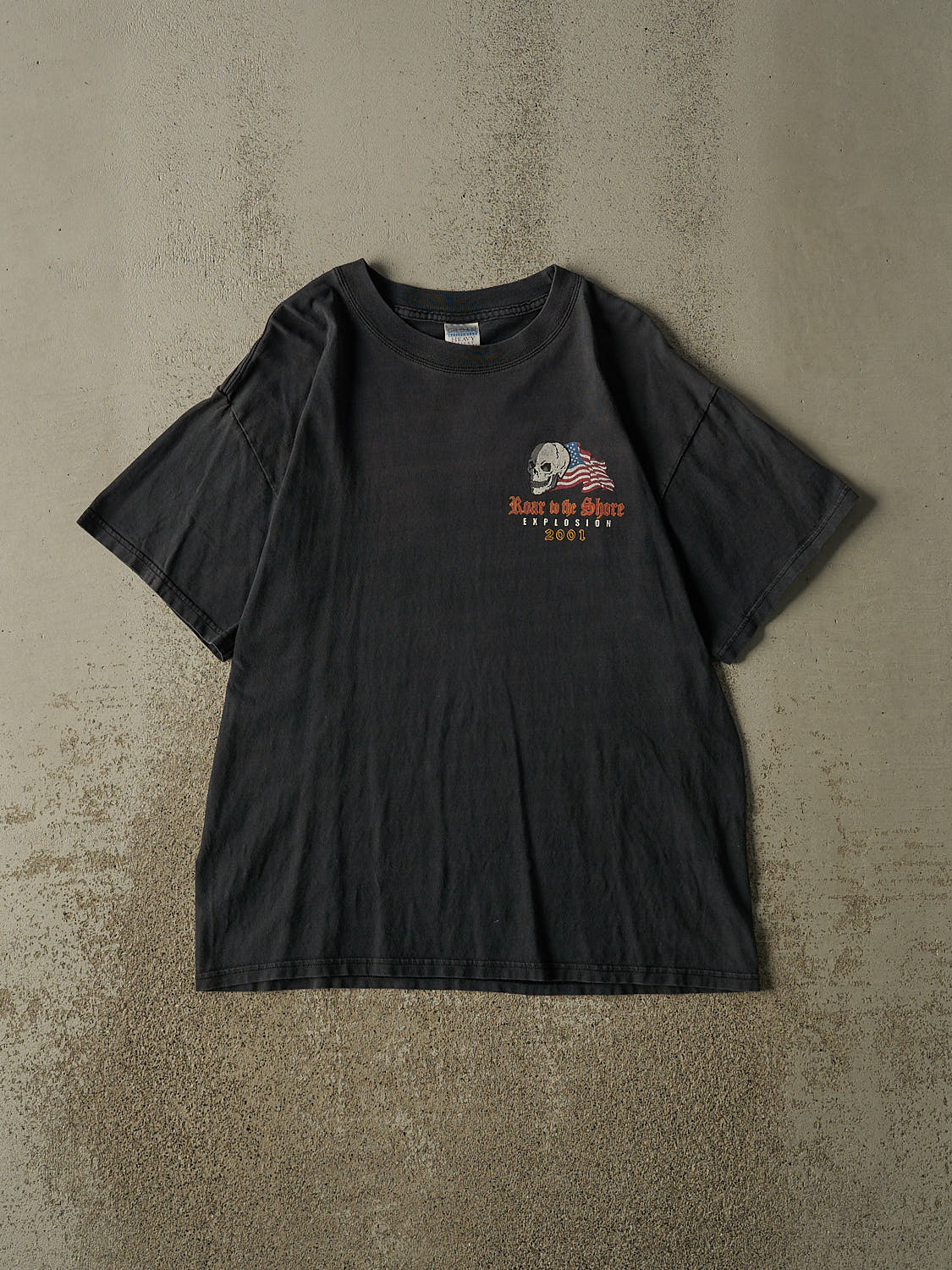 Vintage 01' Faded Black Roar to the Shore Biker Tee (L/XL)