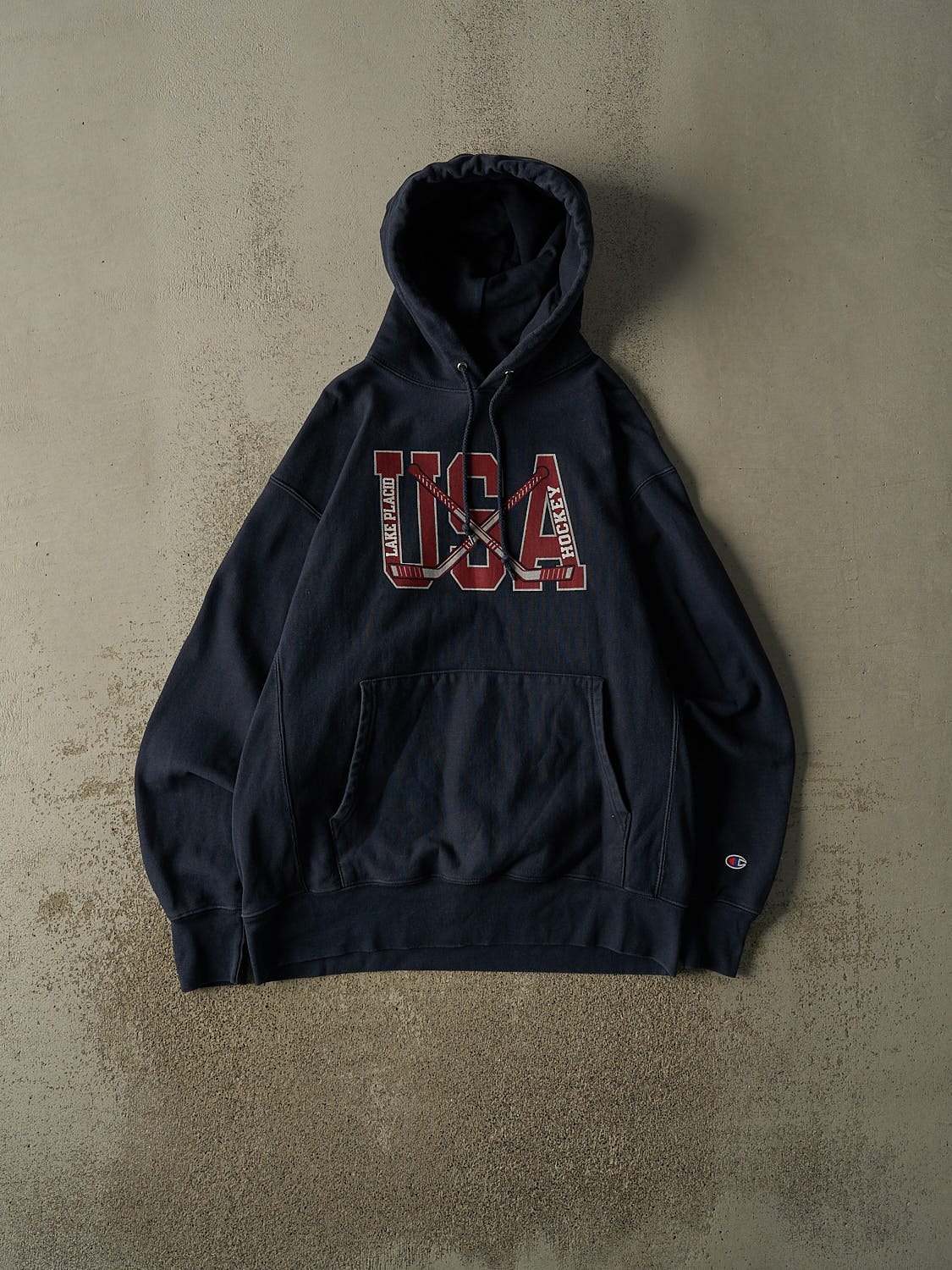 Vintage Y2K Navy Blue Champion Reverse Weave USA Hockey Hoodie (L/XL)