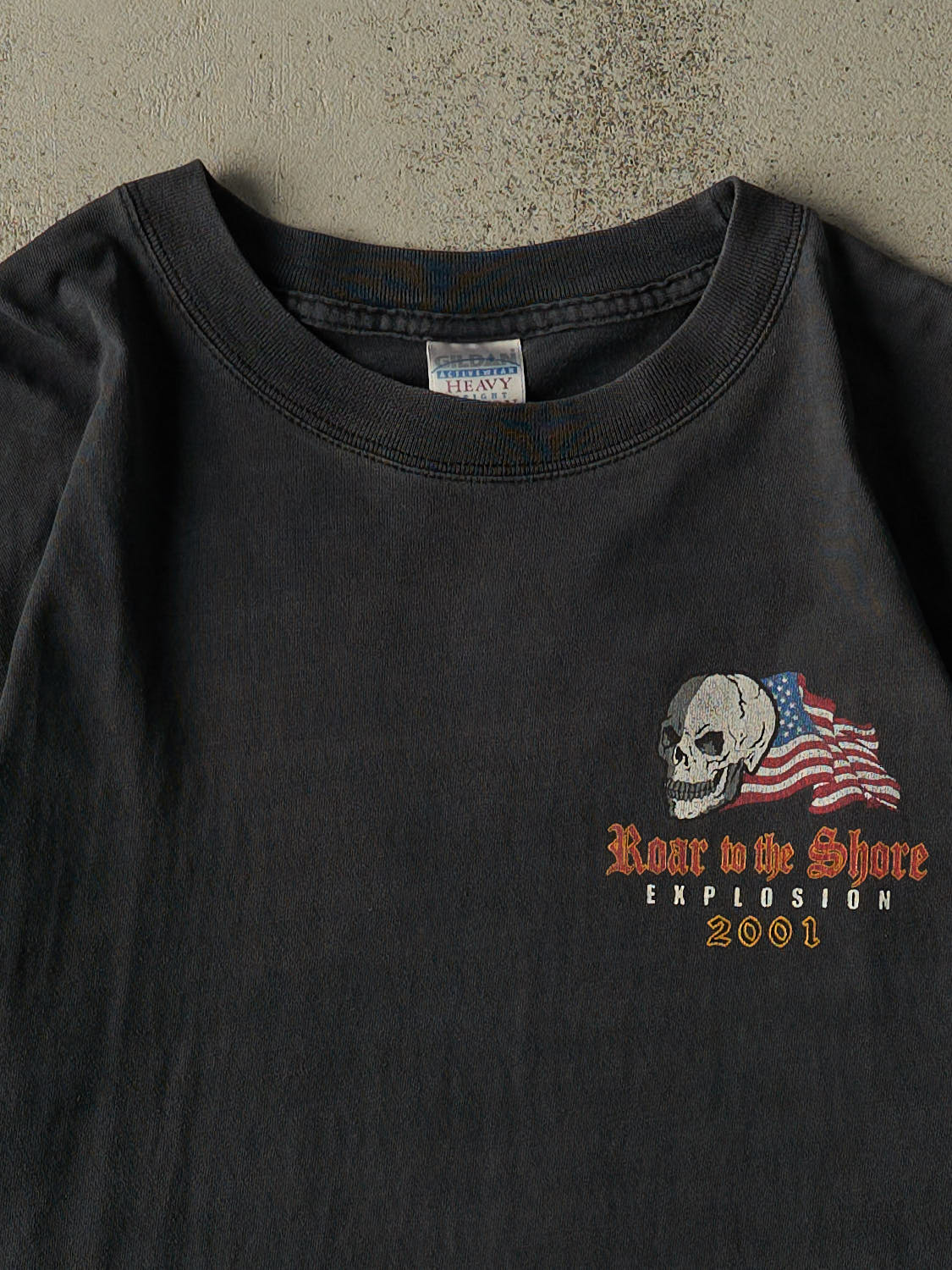 Vintage 01' Faded Black Roar to the Shore Biker Tee (L/XL)