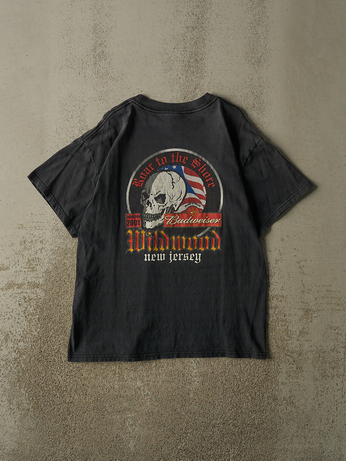 Vintage 01' Faded Black Roar to the Shore Biker Tee (L/XL)