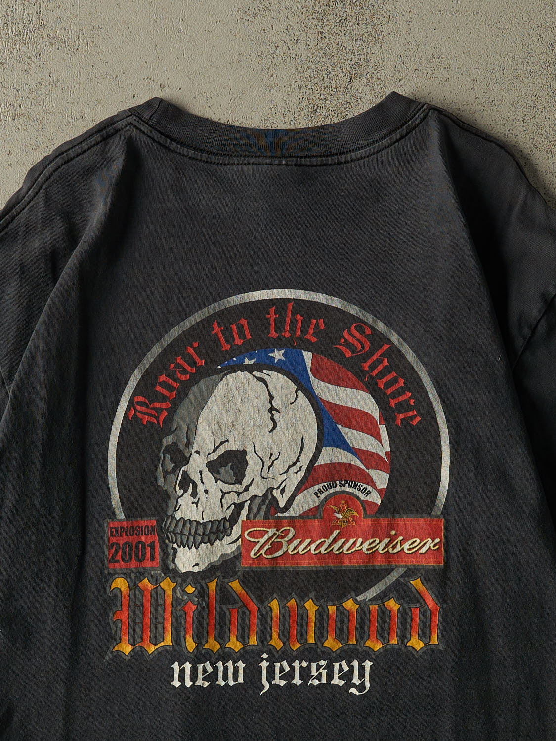 Vintage 01' Faded Black Roar to the Shore Biker Tee (L/XL)