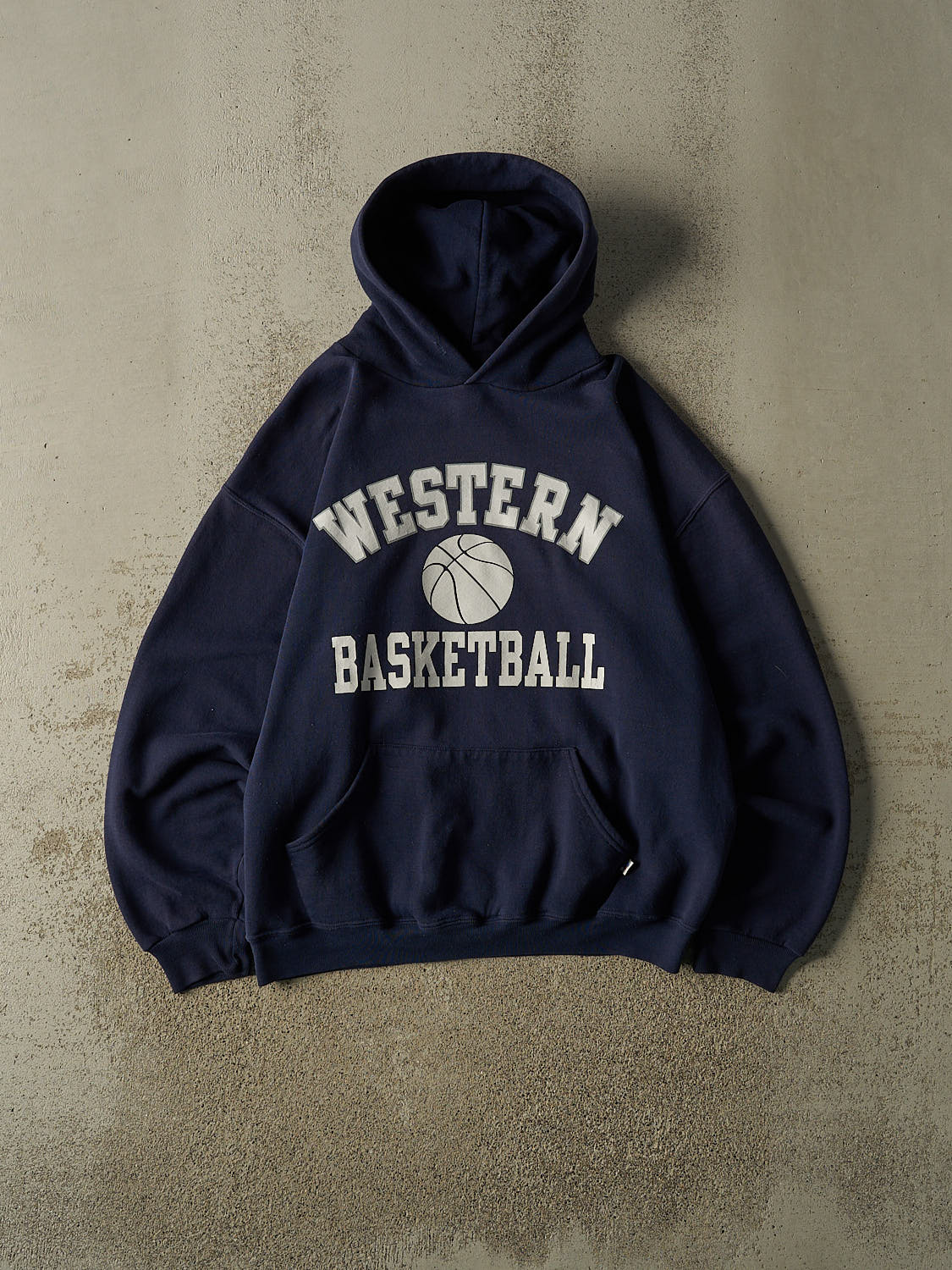 Vintage Y2K Navy Blue Russell Athletic Western Basketball Hoodie (L/XL)