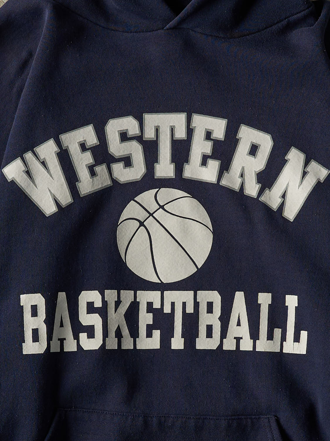 Vintage Y2K Navy Blue Russell Athletic Western Basketball Hoodie (L/XL)