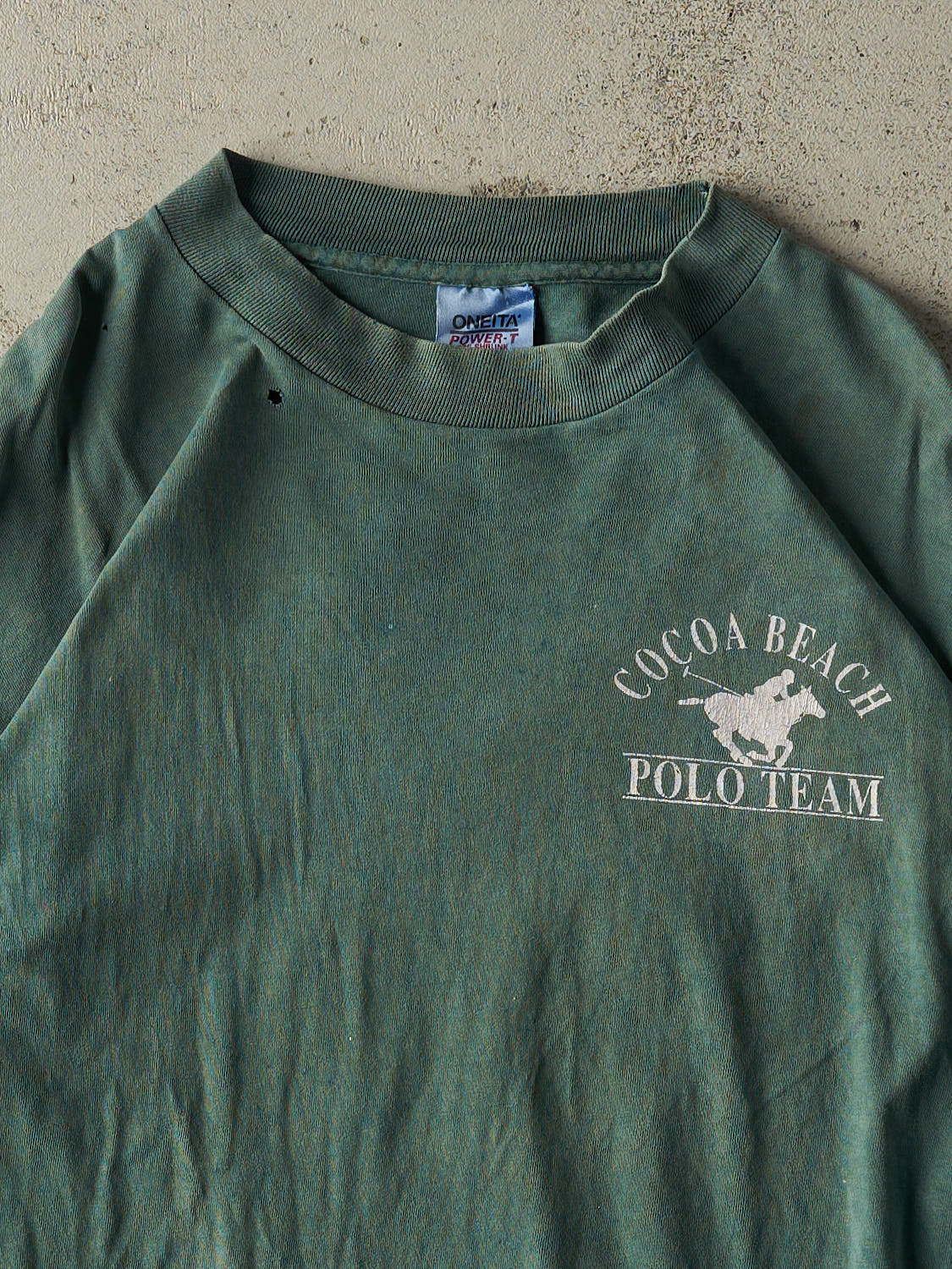 Vintage 80s Sun Faded Green Cocoa Beach Polo Team Tee (L)