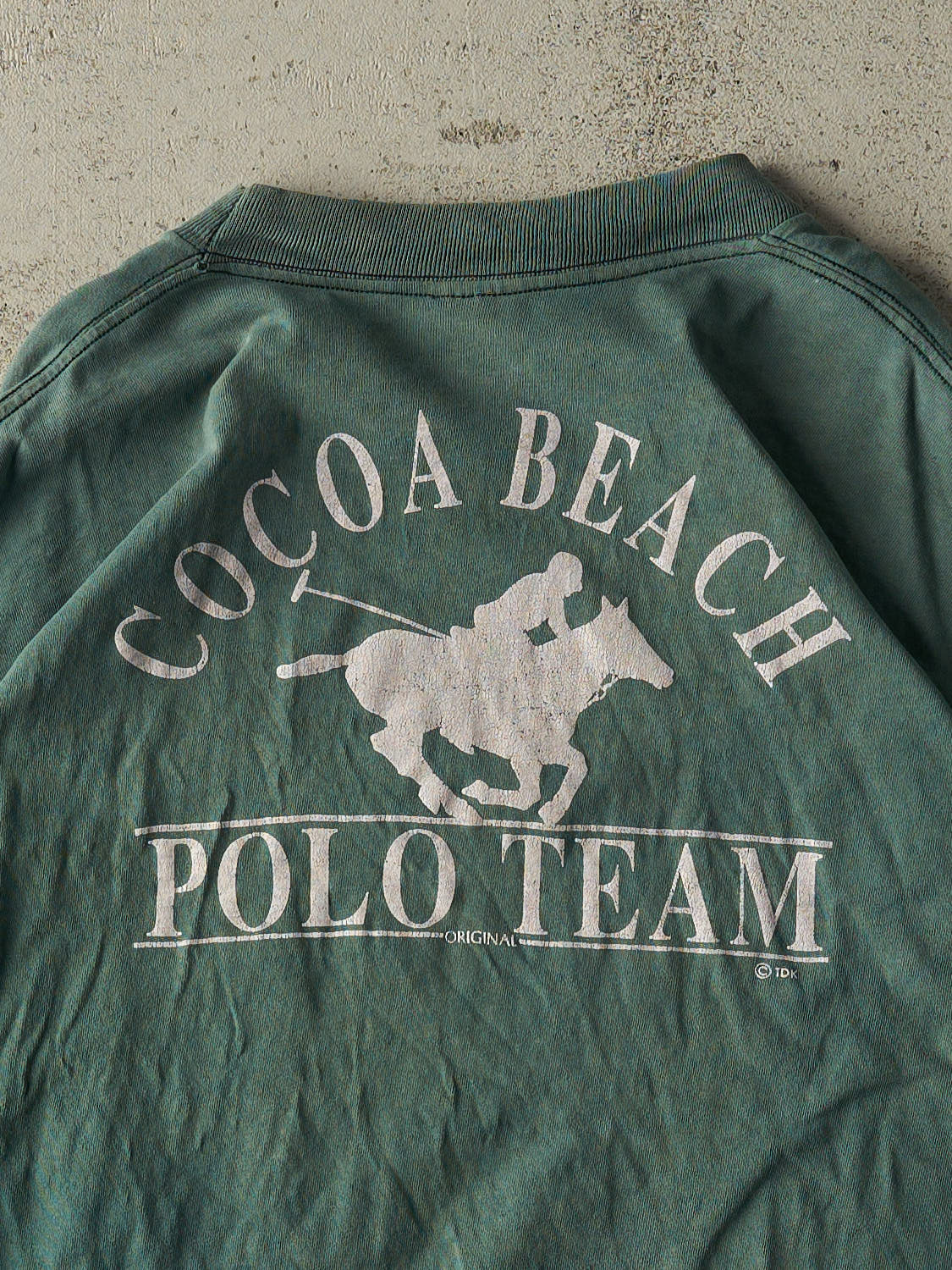 Vintage 80s Sun Faded Green Cocoa Beach Polo Team Tee (L)