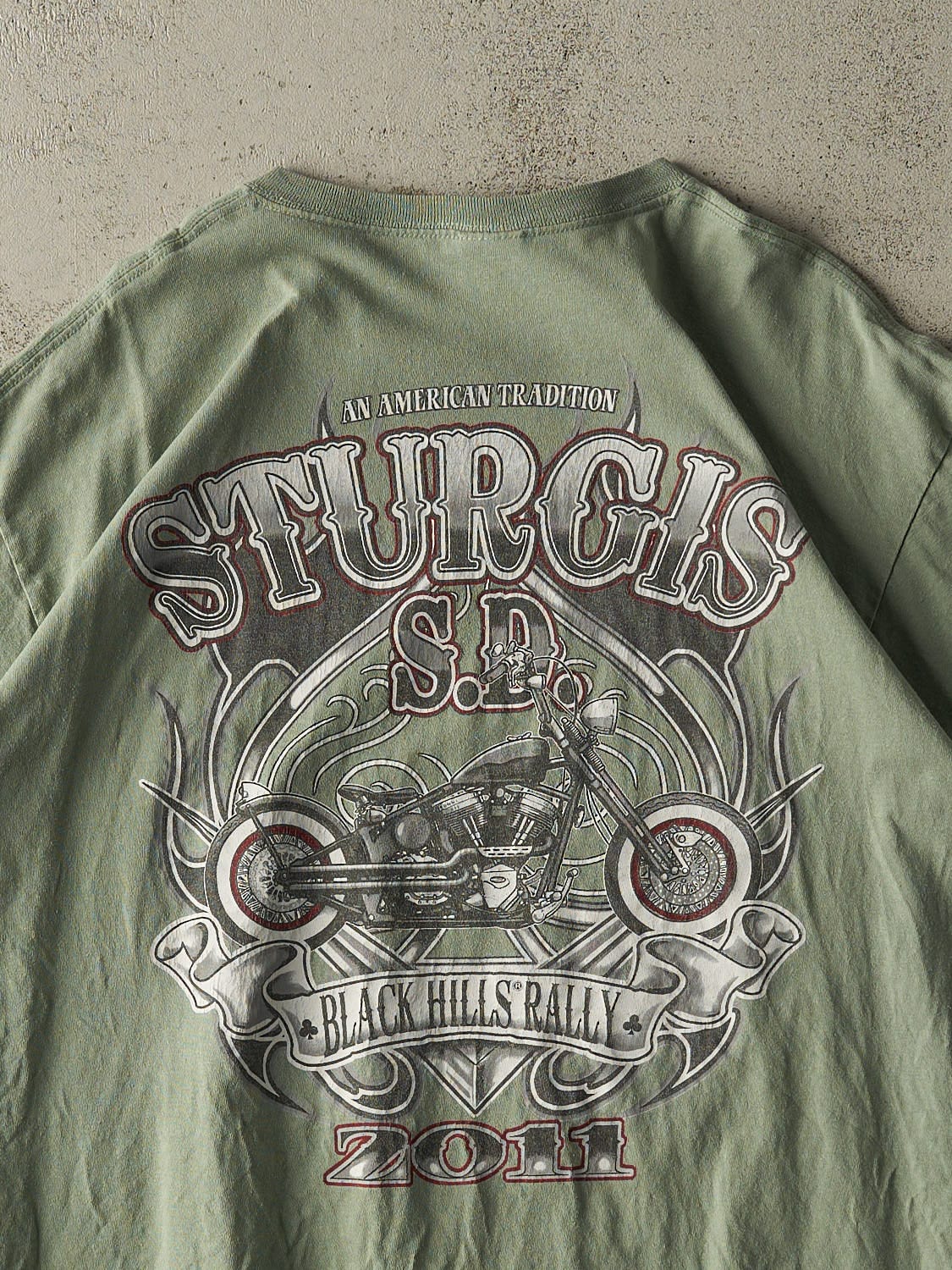 Vintage 11' Washed Green Sturgis Black Hills Rally Biker Tee (XL)