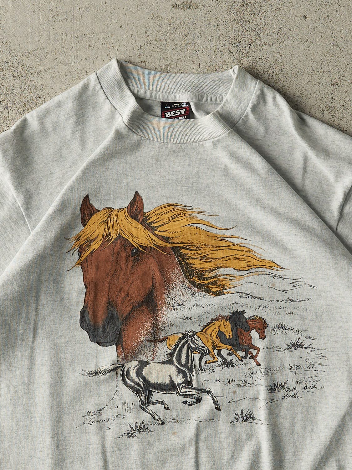 Vintage 80s Heather Grey Horse Single Stitch Tee (M)