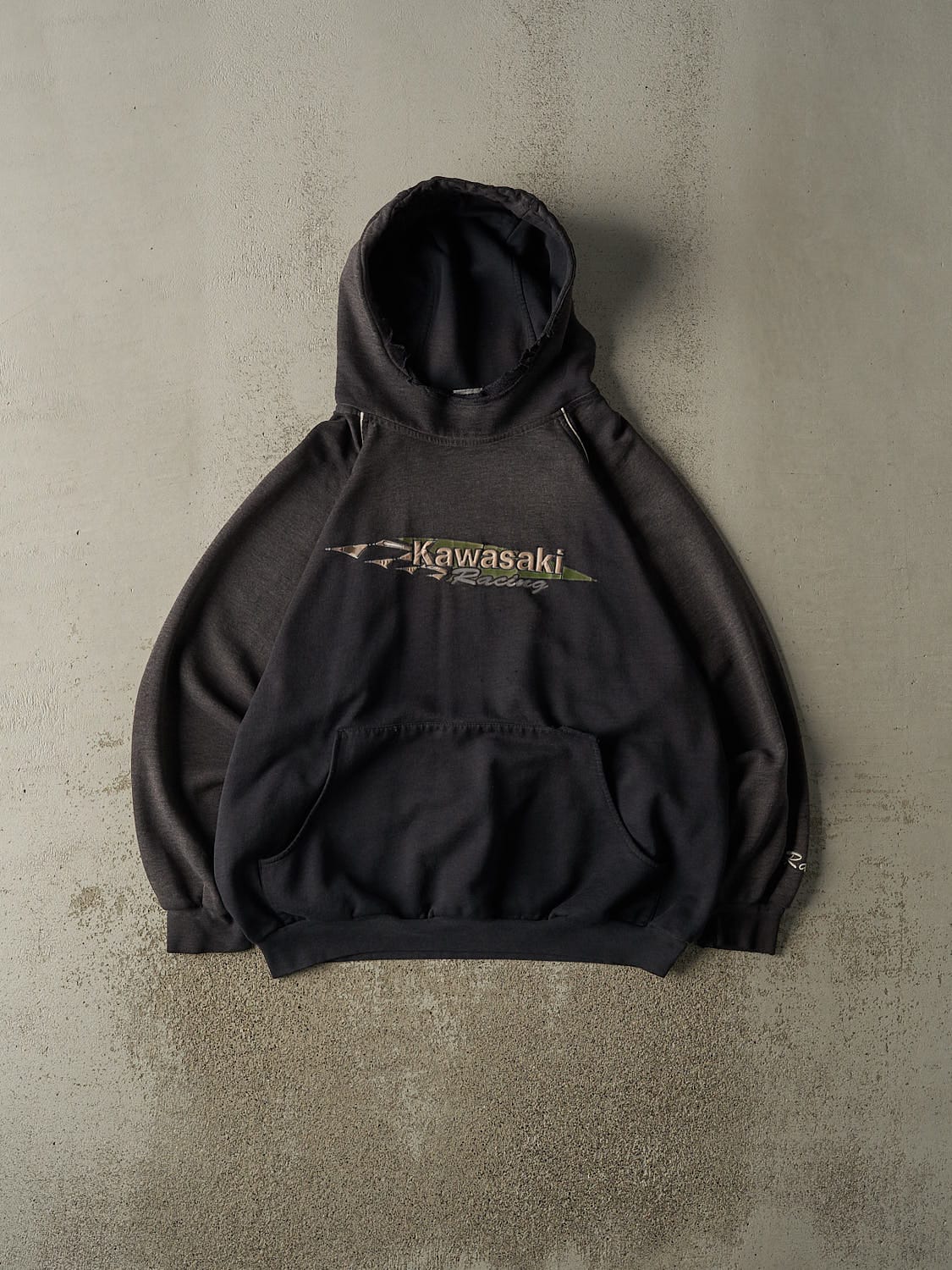 Vintage Y2K Charcoal Grey Kawaski Racing Hoodie (XL)