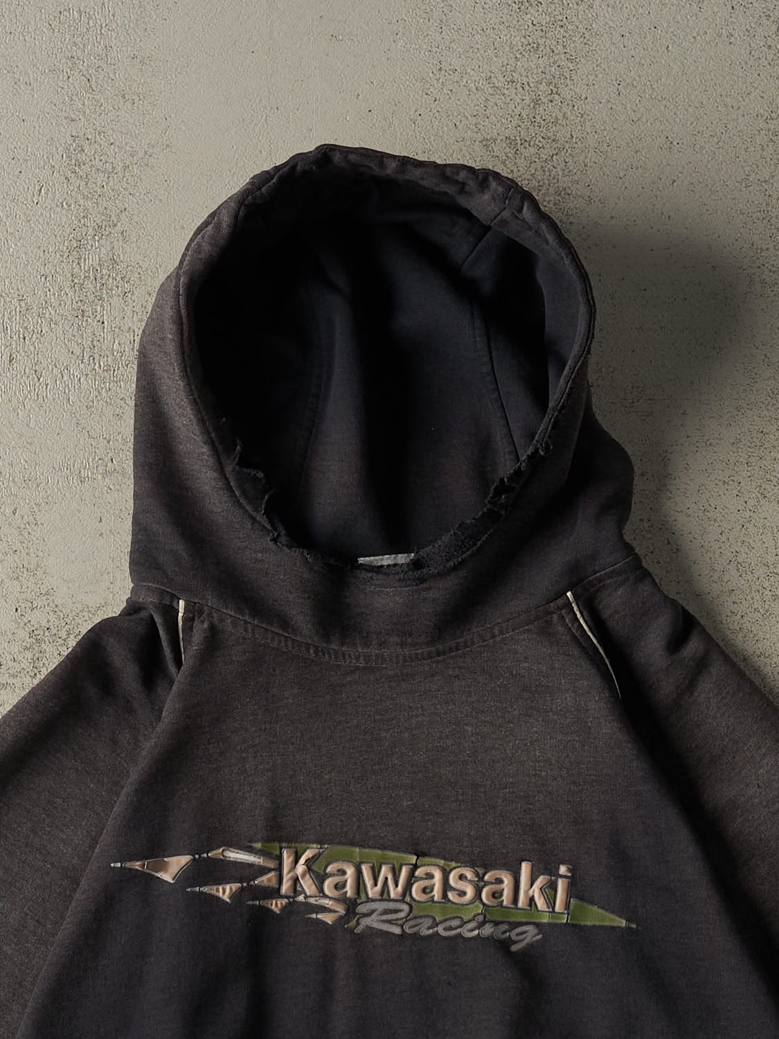 Vintage Y2K Charcoal Grey Kawaski Racing Hoodie (XL)