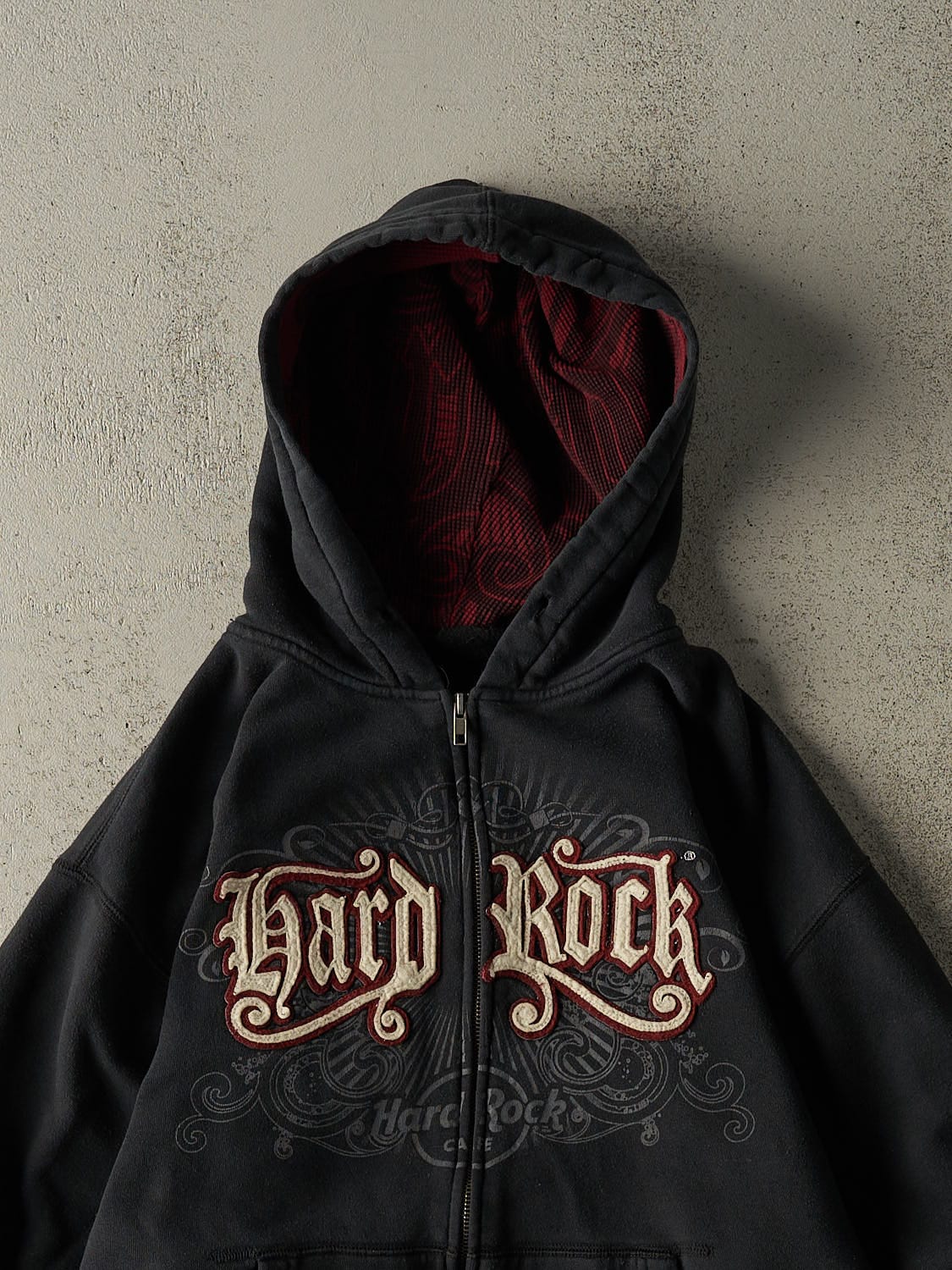 Vintage Y2K Faded Black Hard Rock Cafe Embroidered Zip Up Hoodie (M)