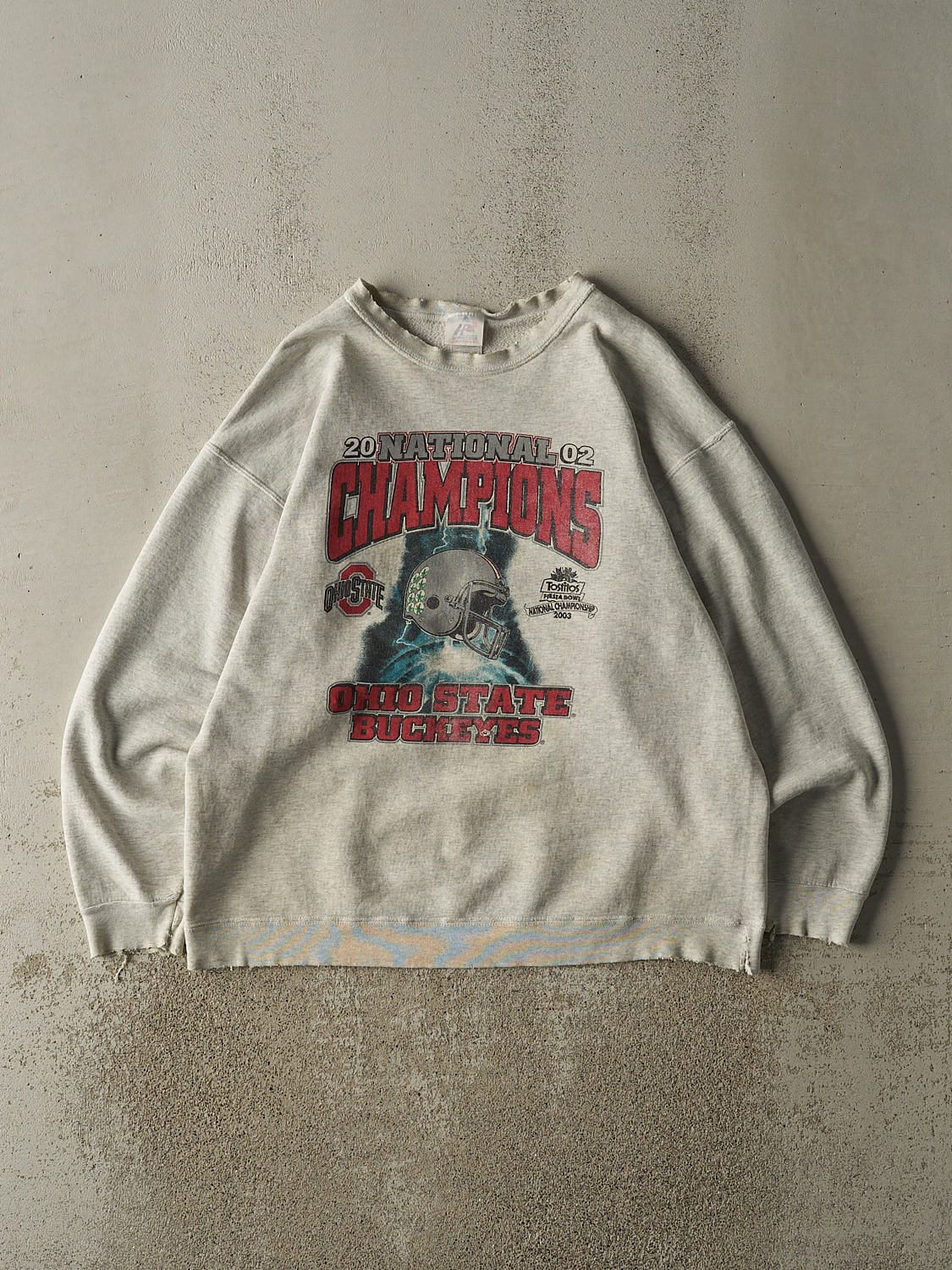 Vintage 02' Heather Grey Ohio State Buckeyes Fiesta Bowl National Champs Crewneck (XL)