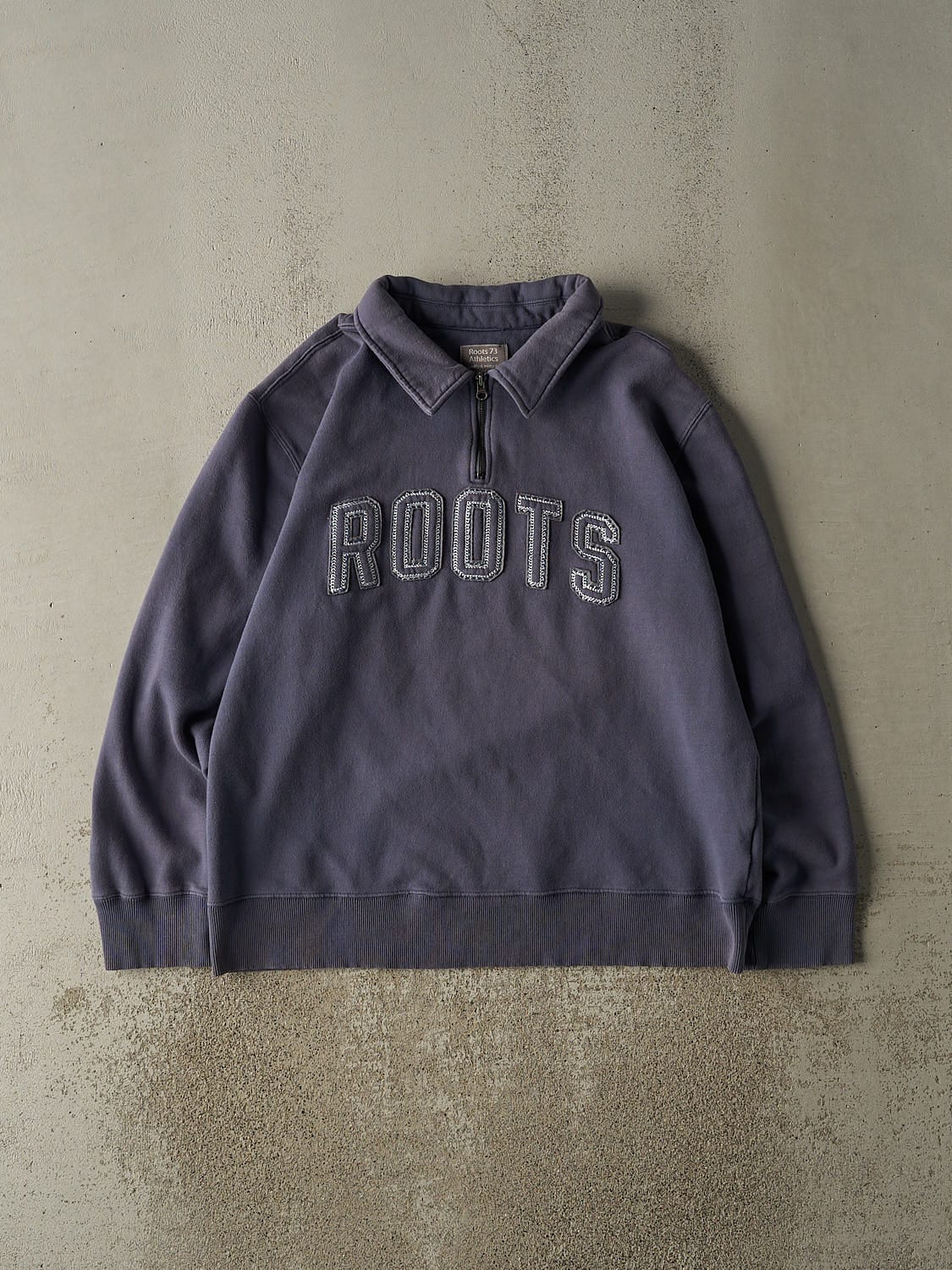 Vintage Y2K Slate Blue Roots Embroidered Quarter Zip Sweater (XL)