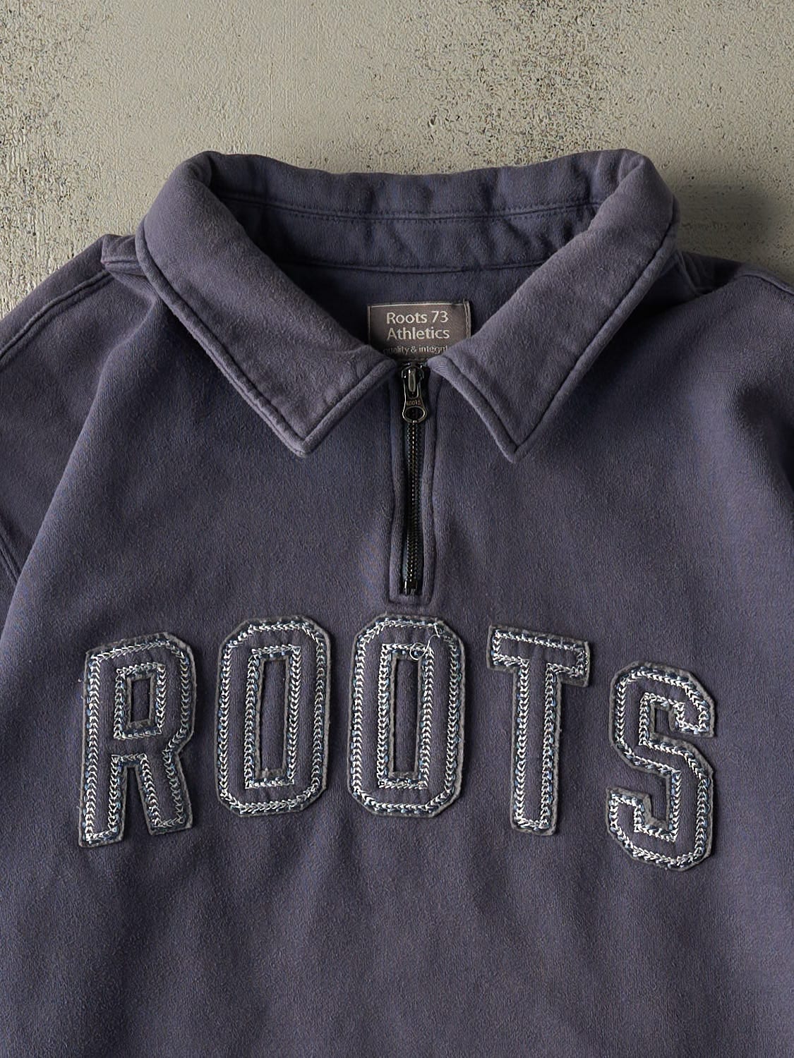Vintage Y2K Slate Blue Roots Embroidered Quarter Zip Sweater (XL)