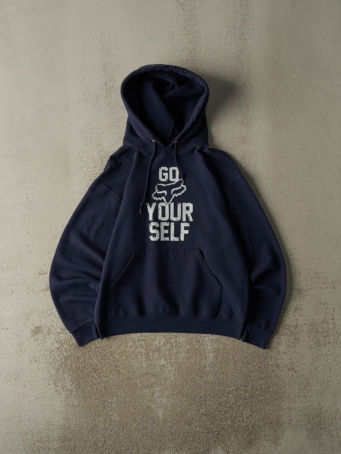 Vintage Y2K Navy Blue Fox Racing "Go Fox Yourself" Slogan Hoodie (S/M)