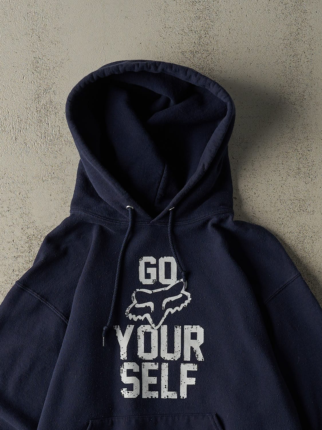 Vintage Y2K Navy Blue Fox Racing "Go Fox Yourself" Slogan Hoodie (S/M)