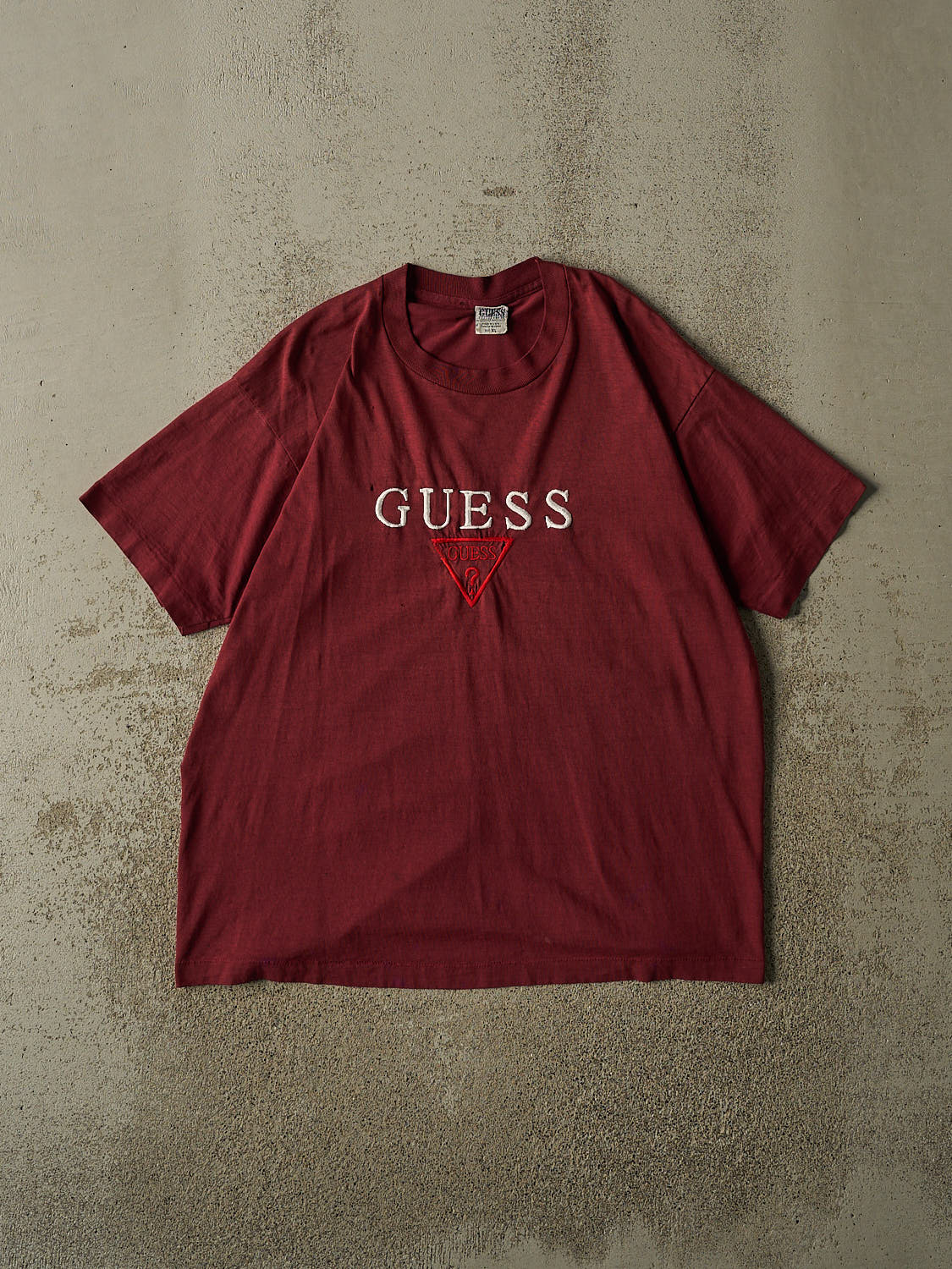 Vintage 80s Burgundy Guess Embroidered Single Stitch Tee (L)