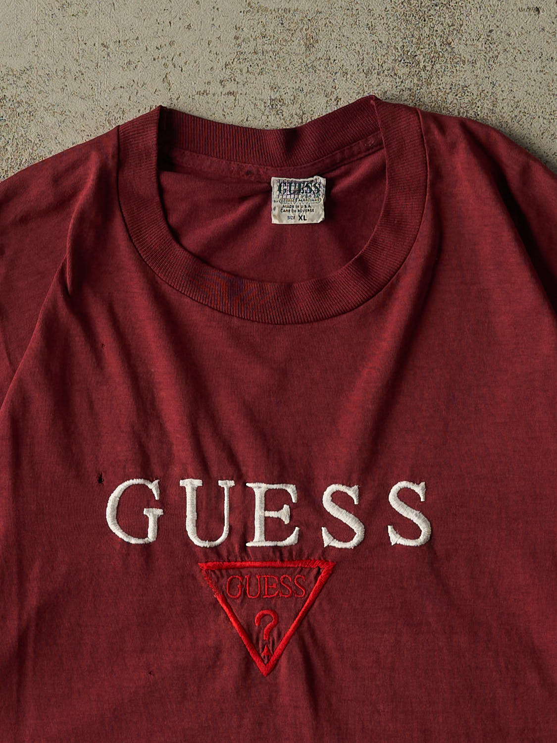 Vintage 80s Burgundy Guess Embroidered Single Stitch Tee (L)
