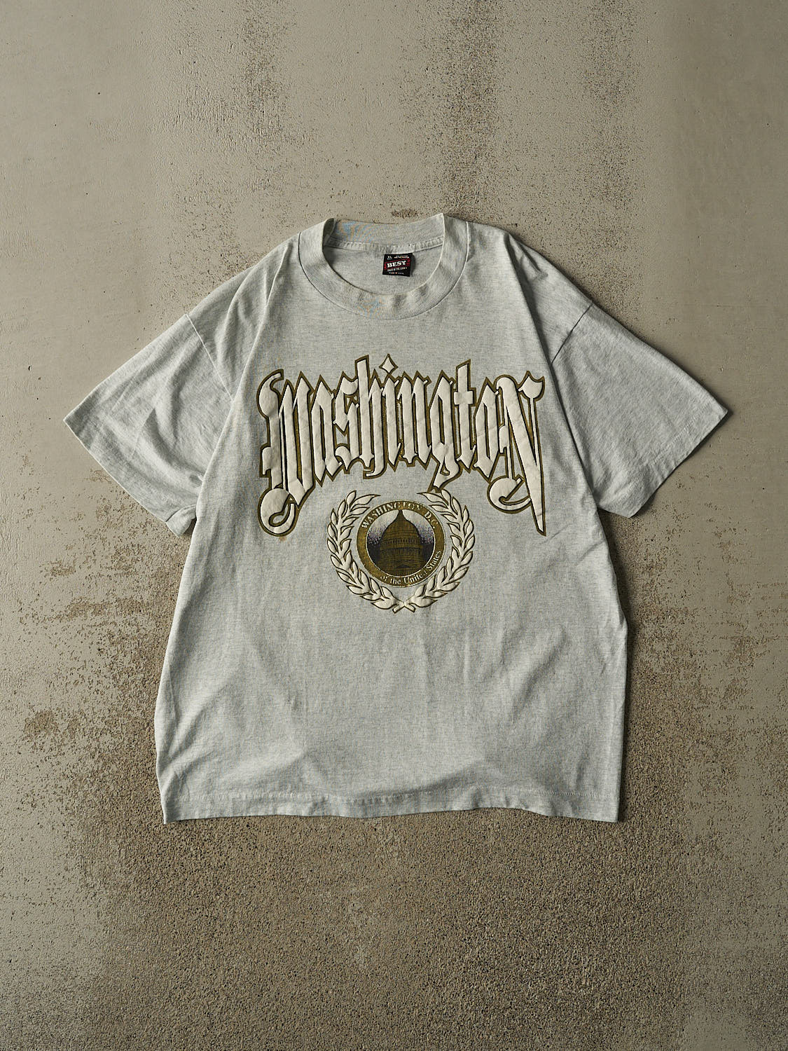 Vintage 80s Heather Grey Washington Puff Print Single Stitch Tee (L/XL)
