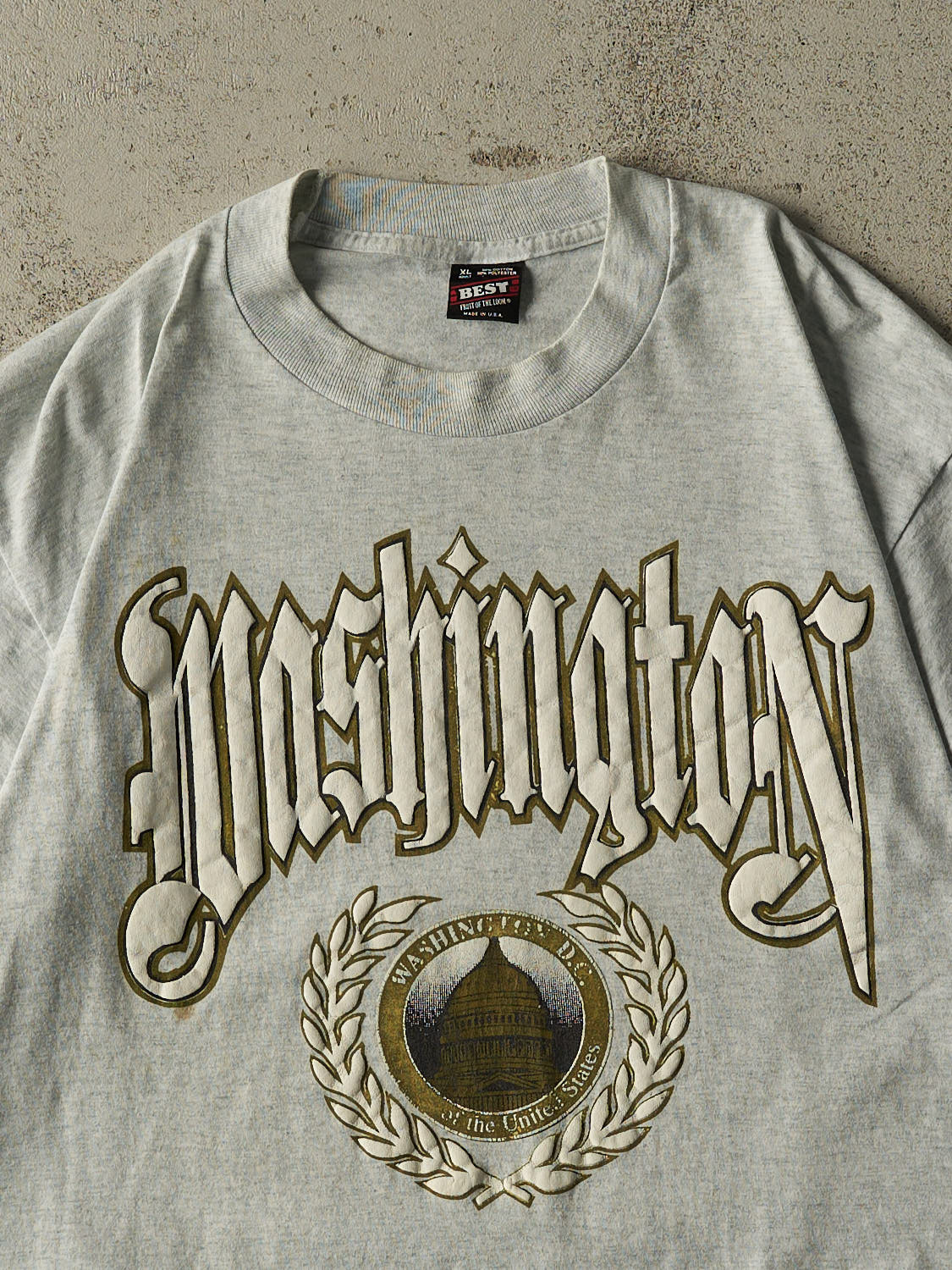 Vintage 80s Heather Grey Washington Puff Print Single Stitch Tee (L/XL)