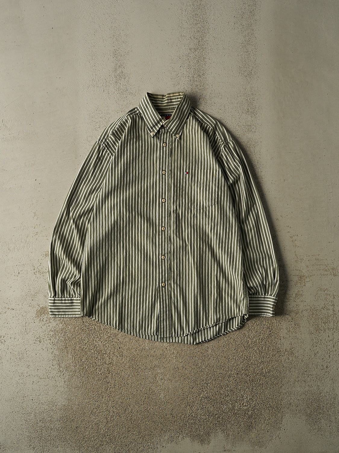 Vintage 90s Green Tommy Hilfiger Striped Long Sleeve Button Up (L)