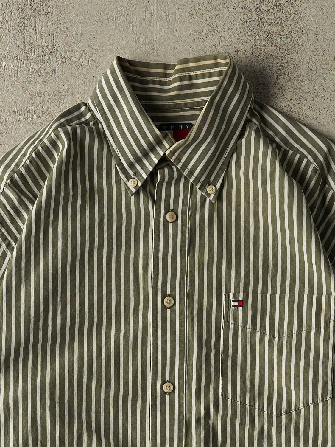 Vintage 90s Green Tommy Hilfiger Striped Long Sleeve Button Up (L)