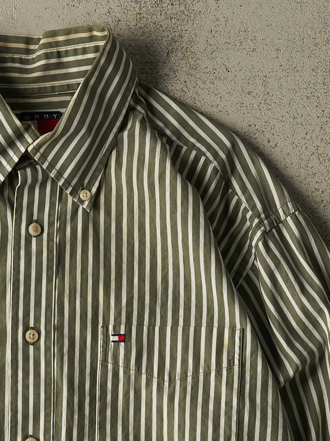 Vintage 90s Green Tommy Hilfiger Striped Long Sleeve Button Up (L)