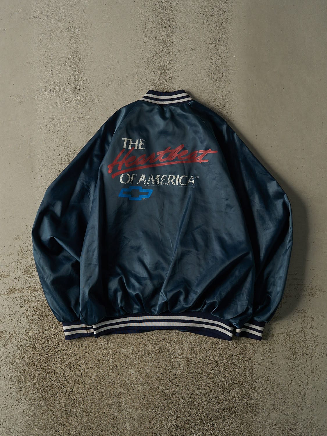 Vintage 80s Navy Blue Chevrolet The Heartbeat of America Bomber Jacket (XL/XXL)