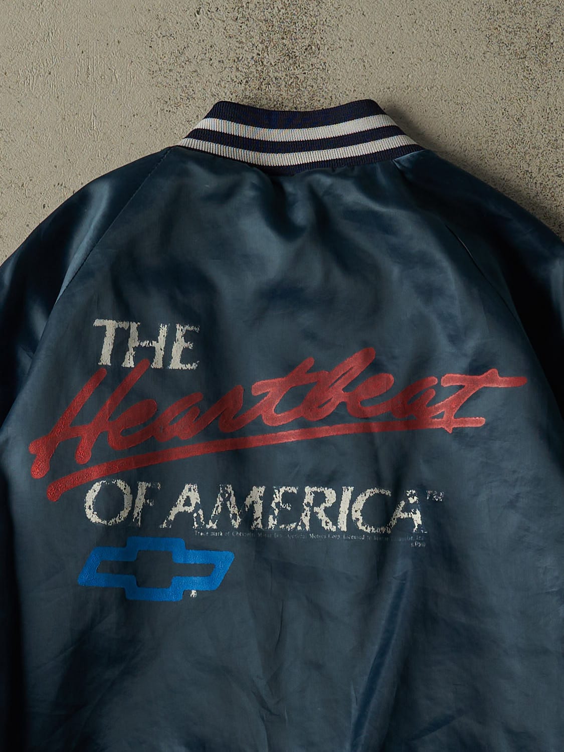 Vintage 80s Navy Blue Chevrolet The Heartbeat of America Bomber Jacket (XL/XXL)