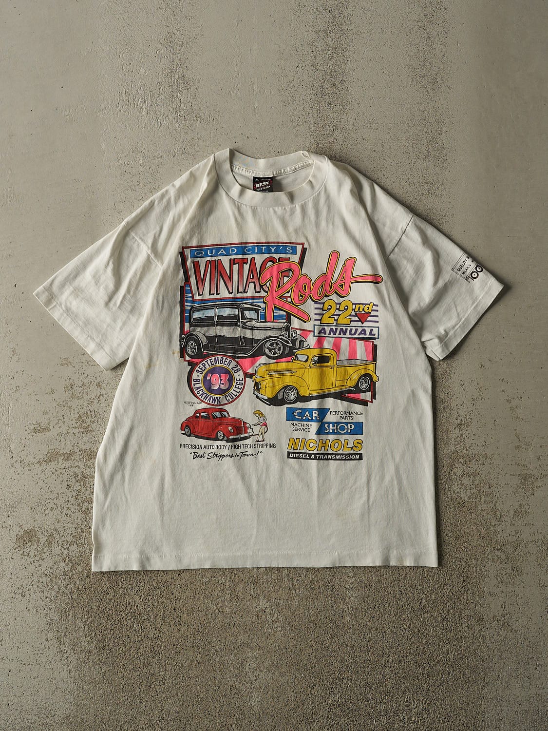 Vintage 93' White Vintage Rods Car Single Stitch Tee (L)