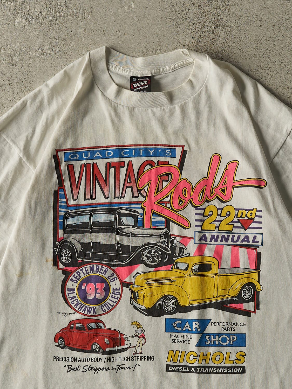 Vintage 93' White Vintage Rods Car Single Stitch Tee (L)
