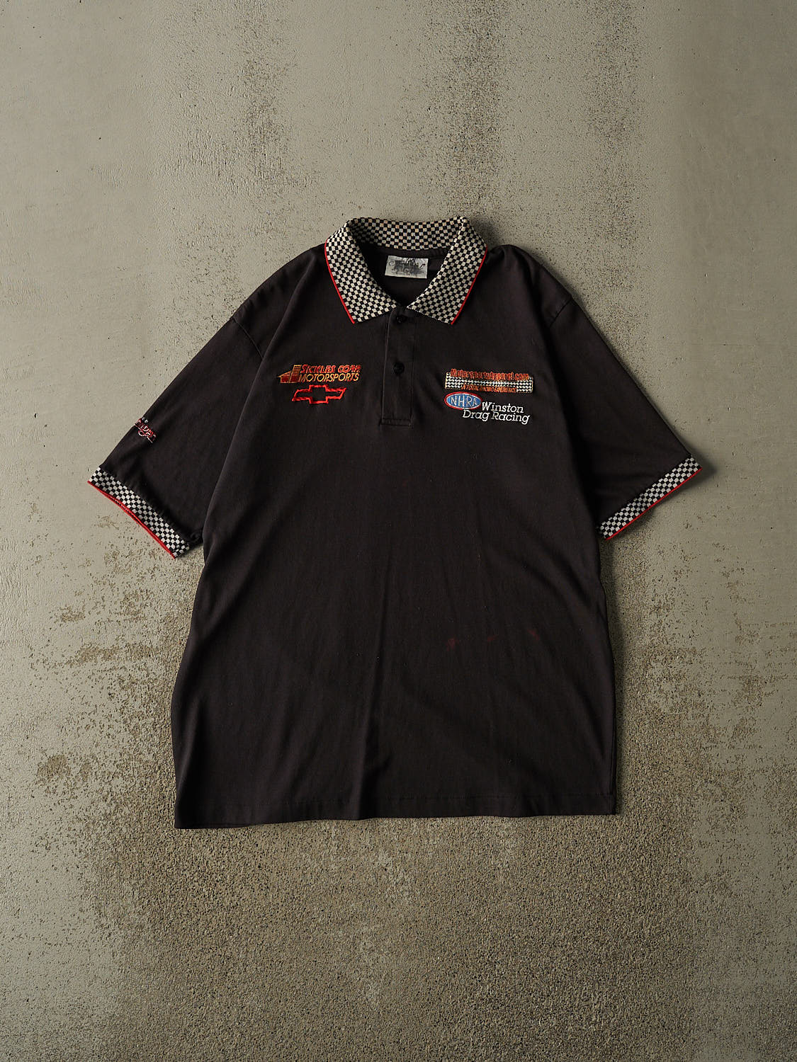 Vintage 80s Black Chevrolet Winston Drag Race Quarter Button Tee (L)