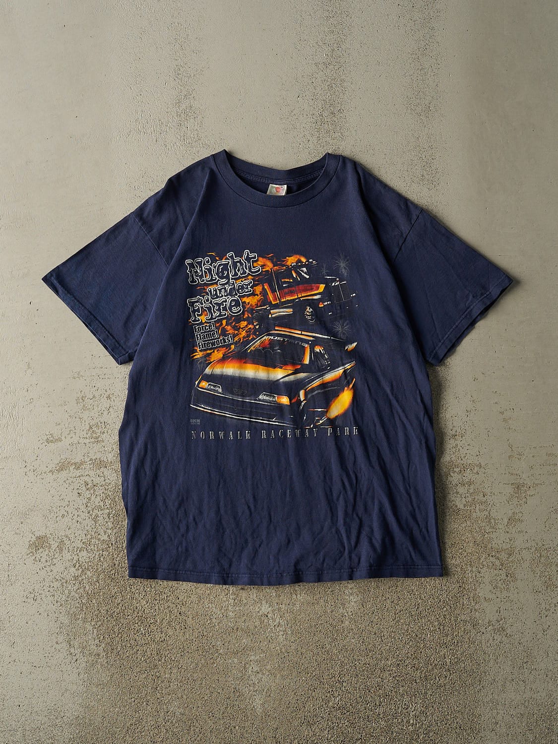 Vintage Y2K Navy Blue Norwalk Raceway Park Night Under Fire Tee (L/XL)
