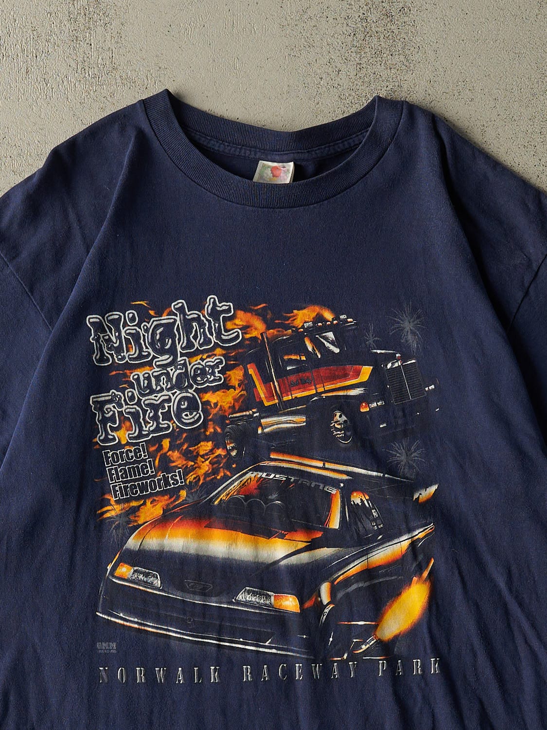 Vintage Y2K Navy Blue Norwalk Raceway Park Night Under Fire Tee (L/XL)