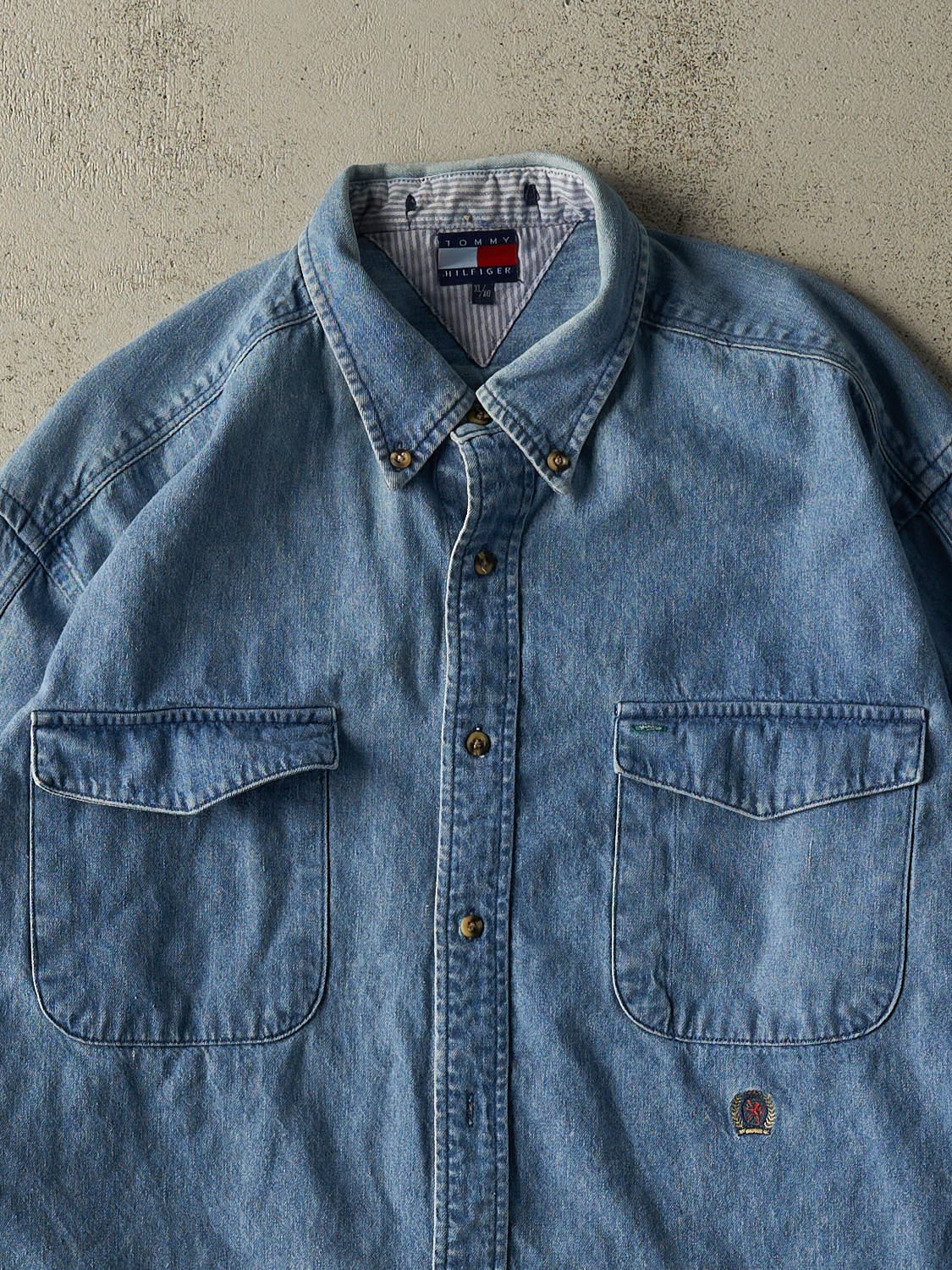 Vintage 90s Light Wash Tommy Hilfiger Embroidered Denim Button Up Long Sleeve (XXL)