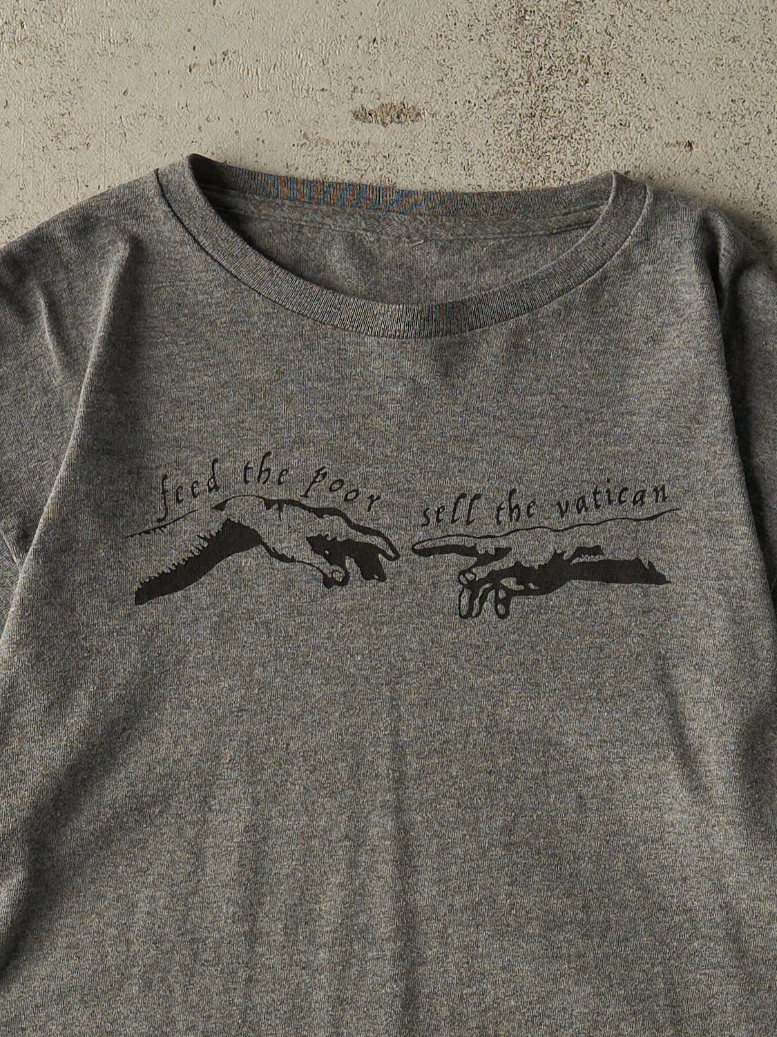 Vintage Y2K Grey "Sell The Vatican" Slogan Tee (XS/S)
